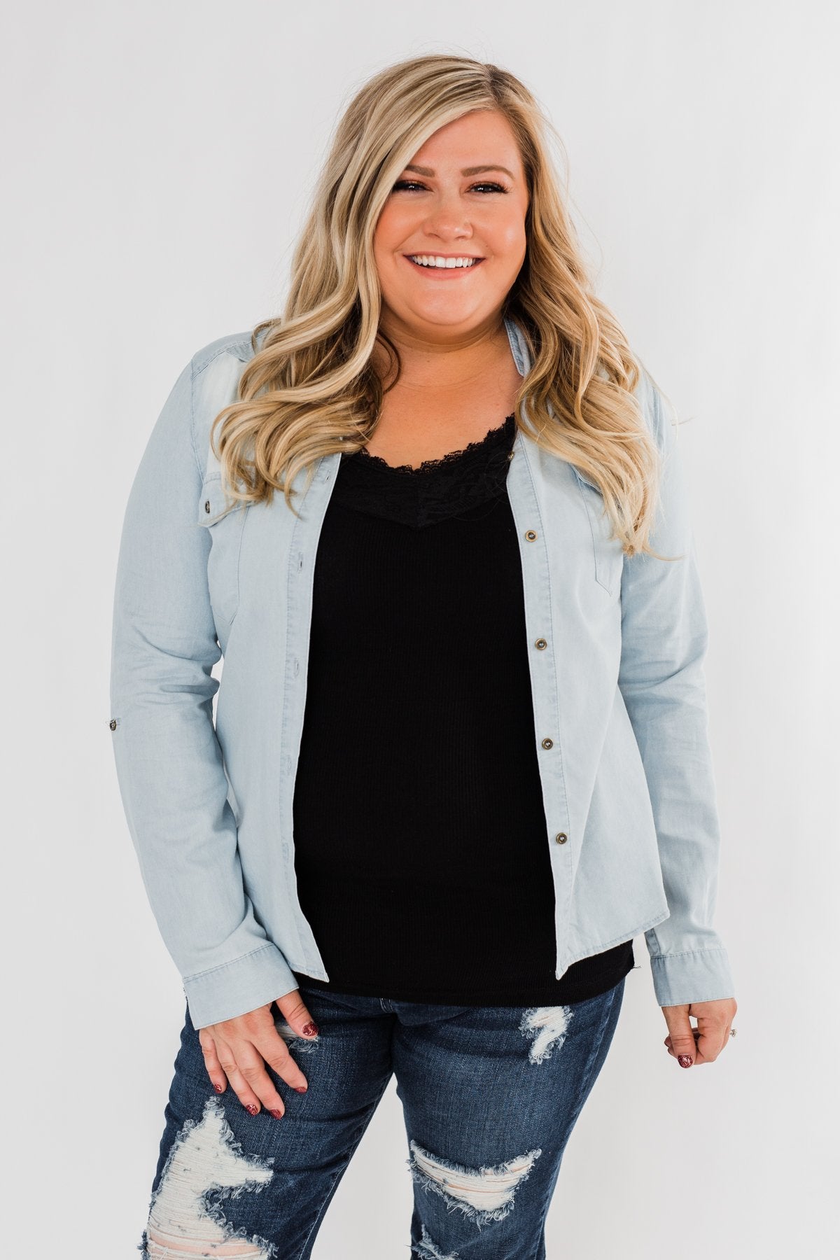 Cute In Chambray Long Sleeve Top- Light Denim