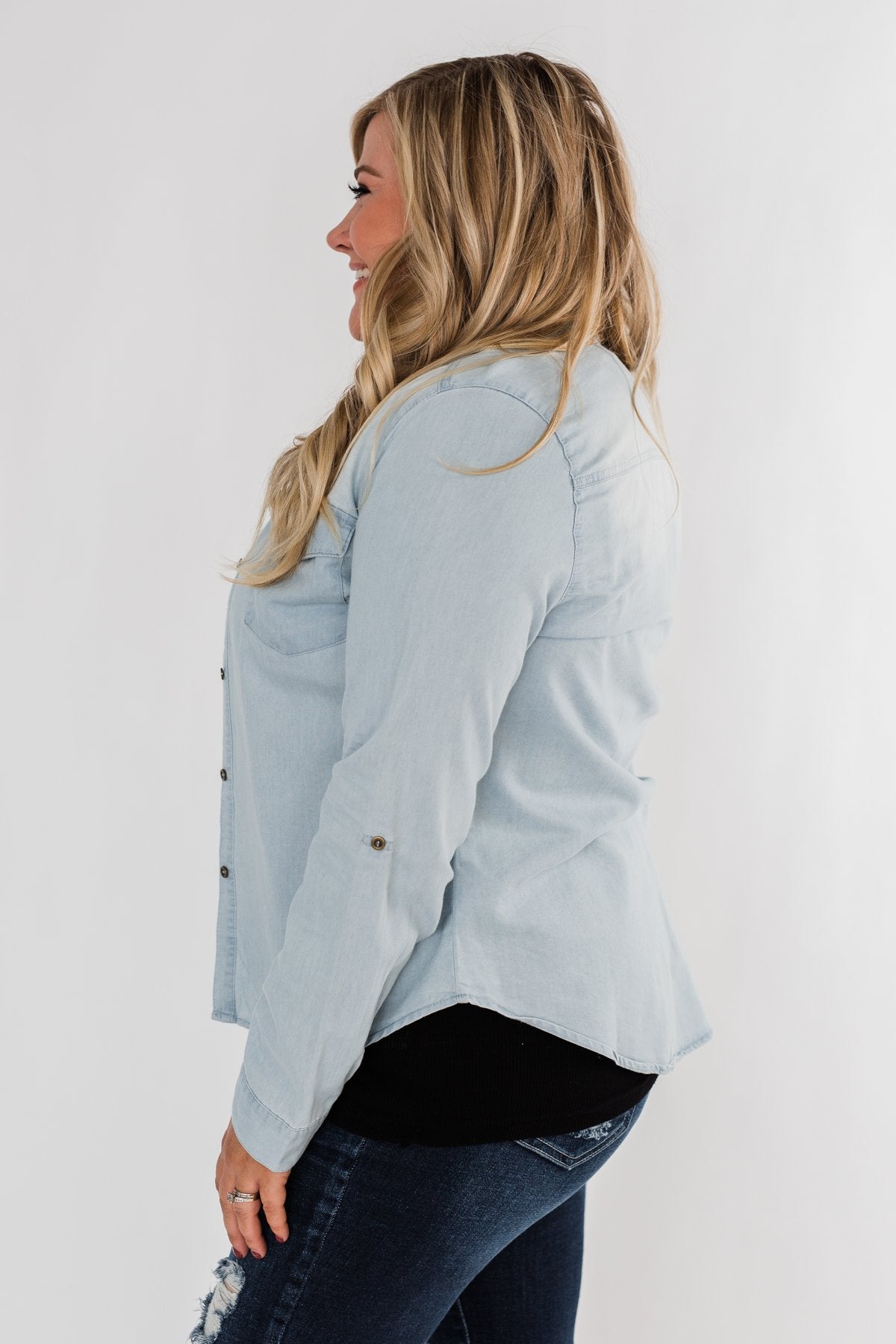 Cute In Chambray Long Sleeve Top- Light Denim