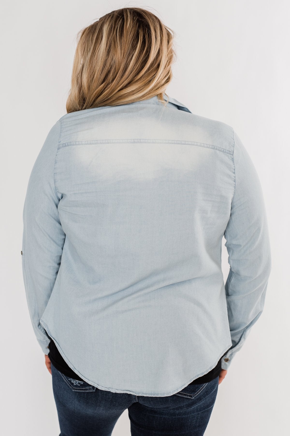 Cute In Chambray Long Sleeve Top- Light Denim