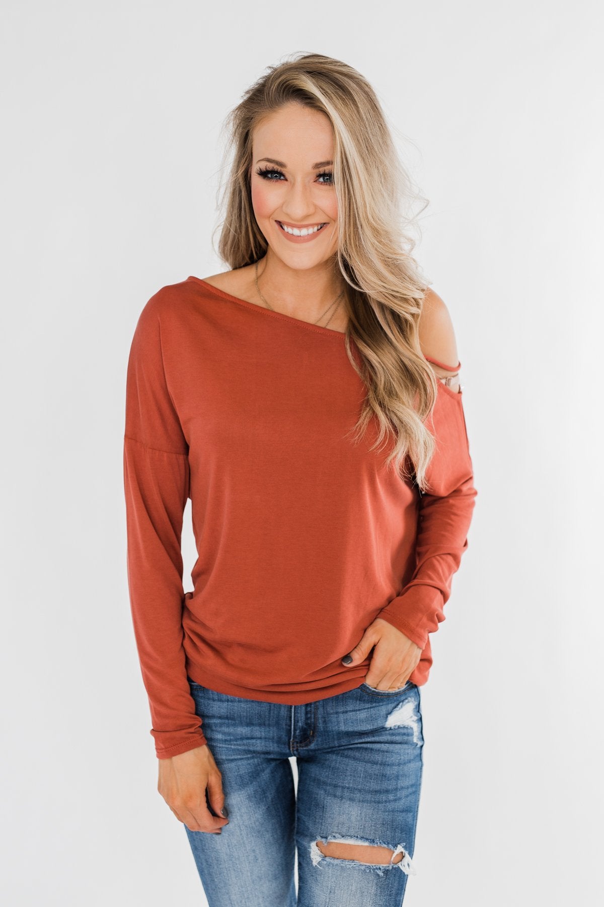 Something New Cold Shoulder Top- Soft Rust