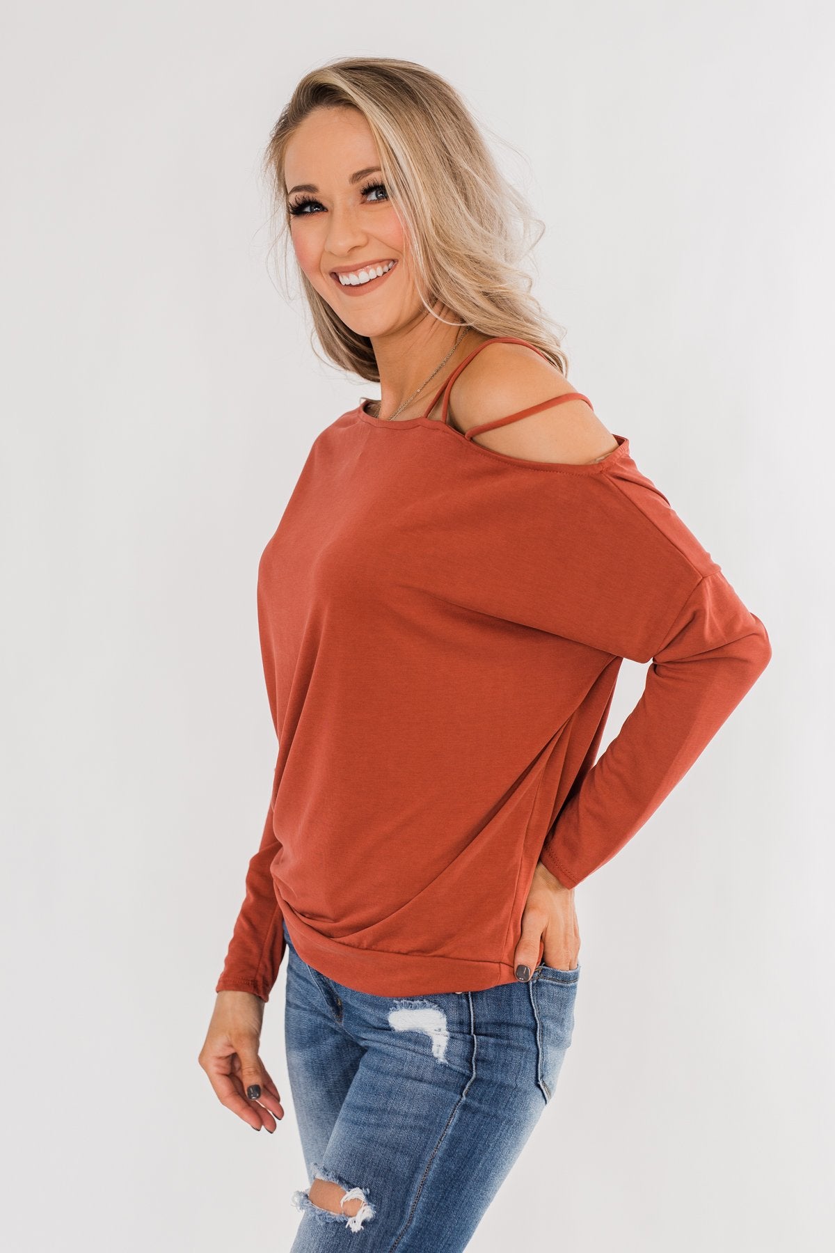 Something New Cold Shoulder Top- Soft Rust
