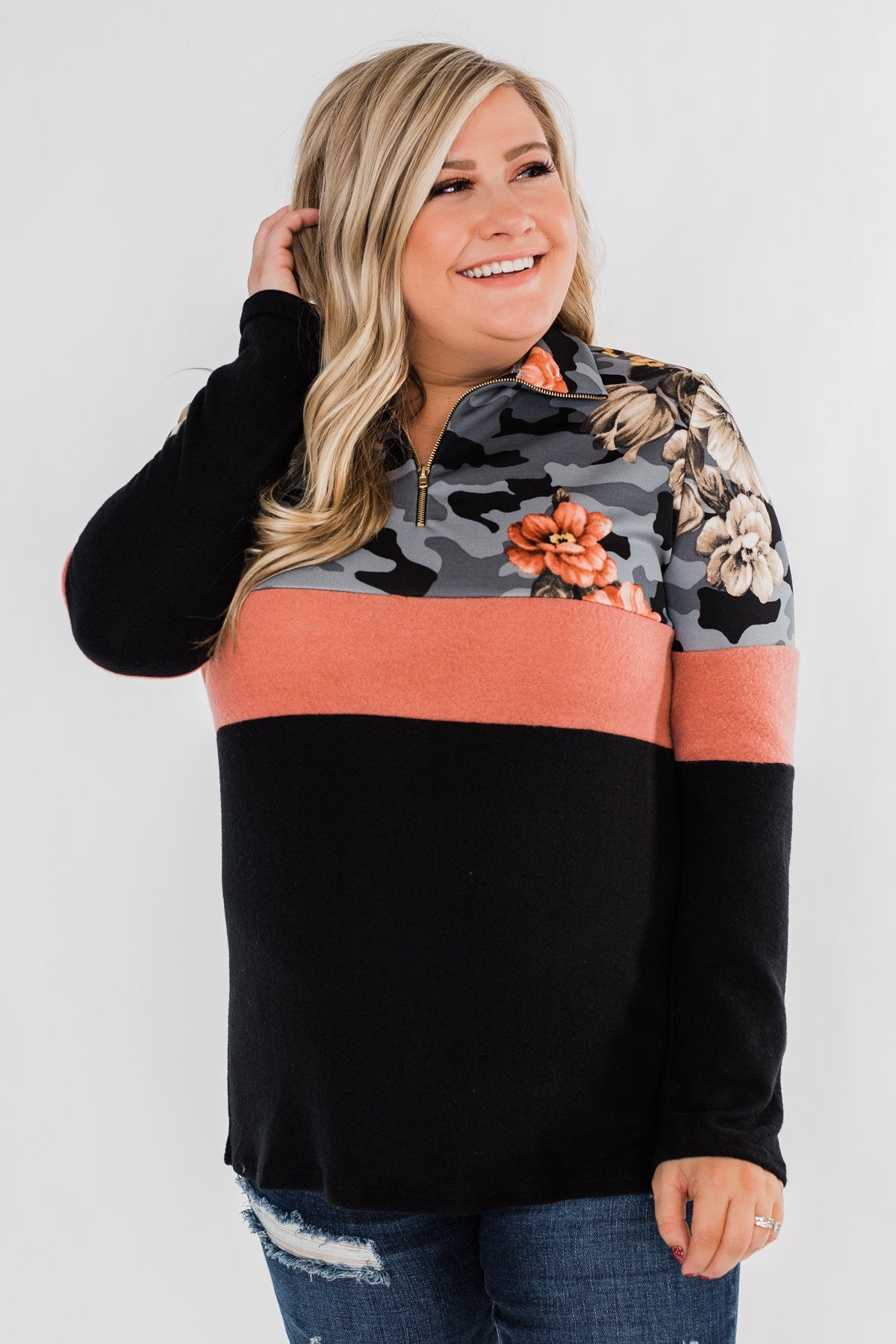Never Ending Love Quarter Zip Pullover- Black, Camo, & Floral