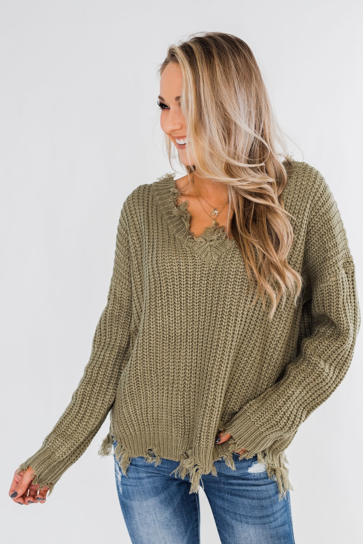 My Own Way Frayed V-Neck Sweater- Olive