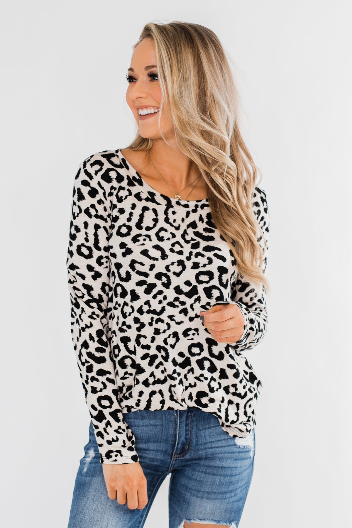 Long Sleeve Cutout Back Top- Cream & Leopard