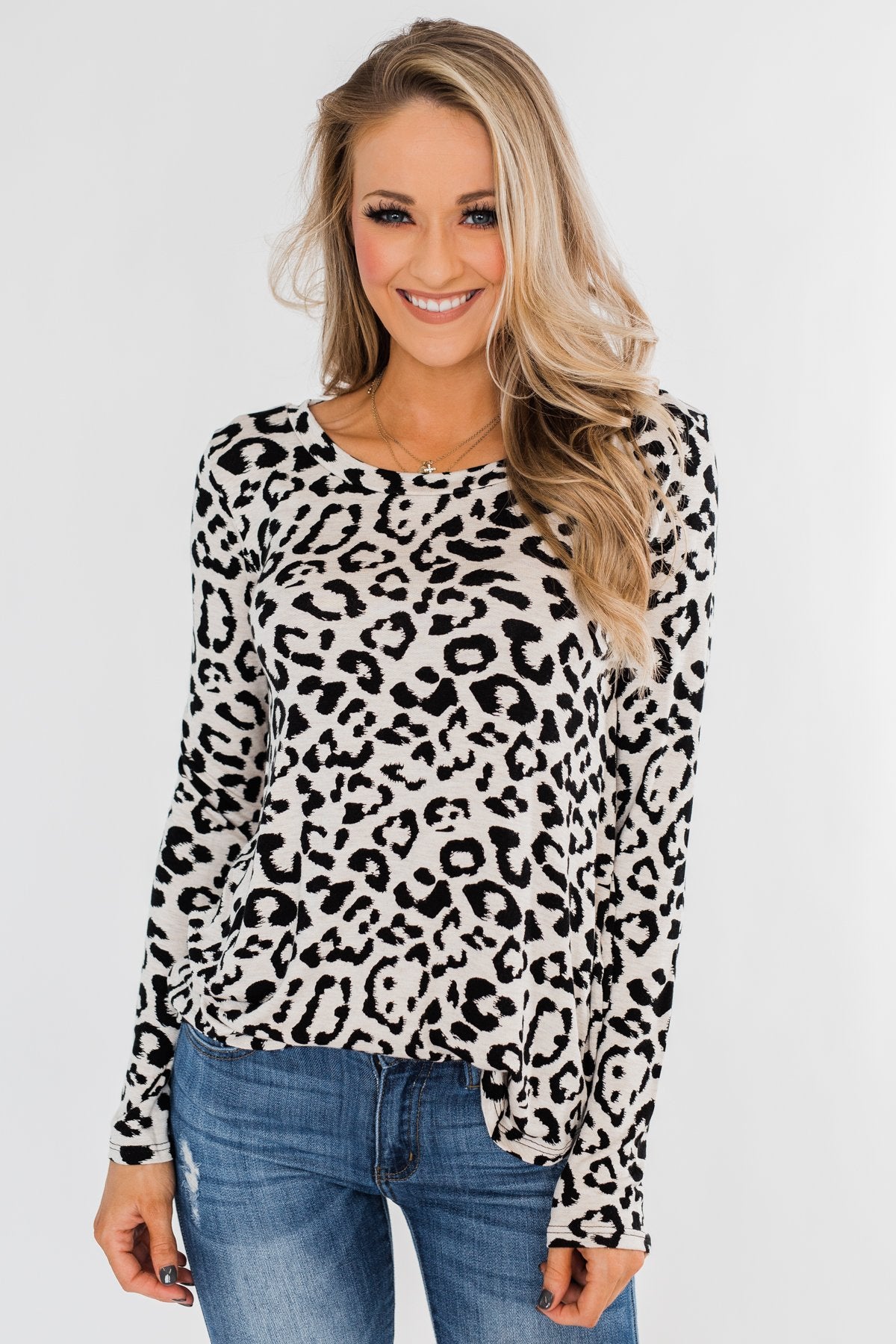 Long Sleeve Cutout Back Top- Cream & Leopard