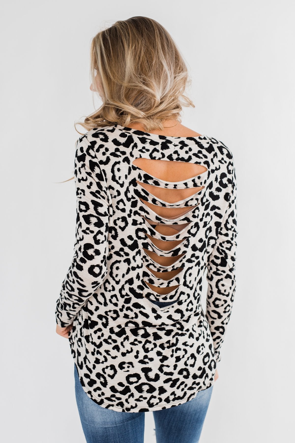 Long Sleeve Cutout Back Top- Cream & Leopard