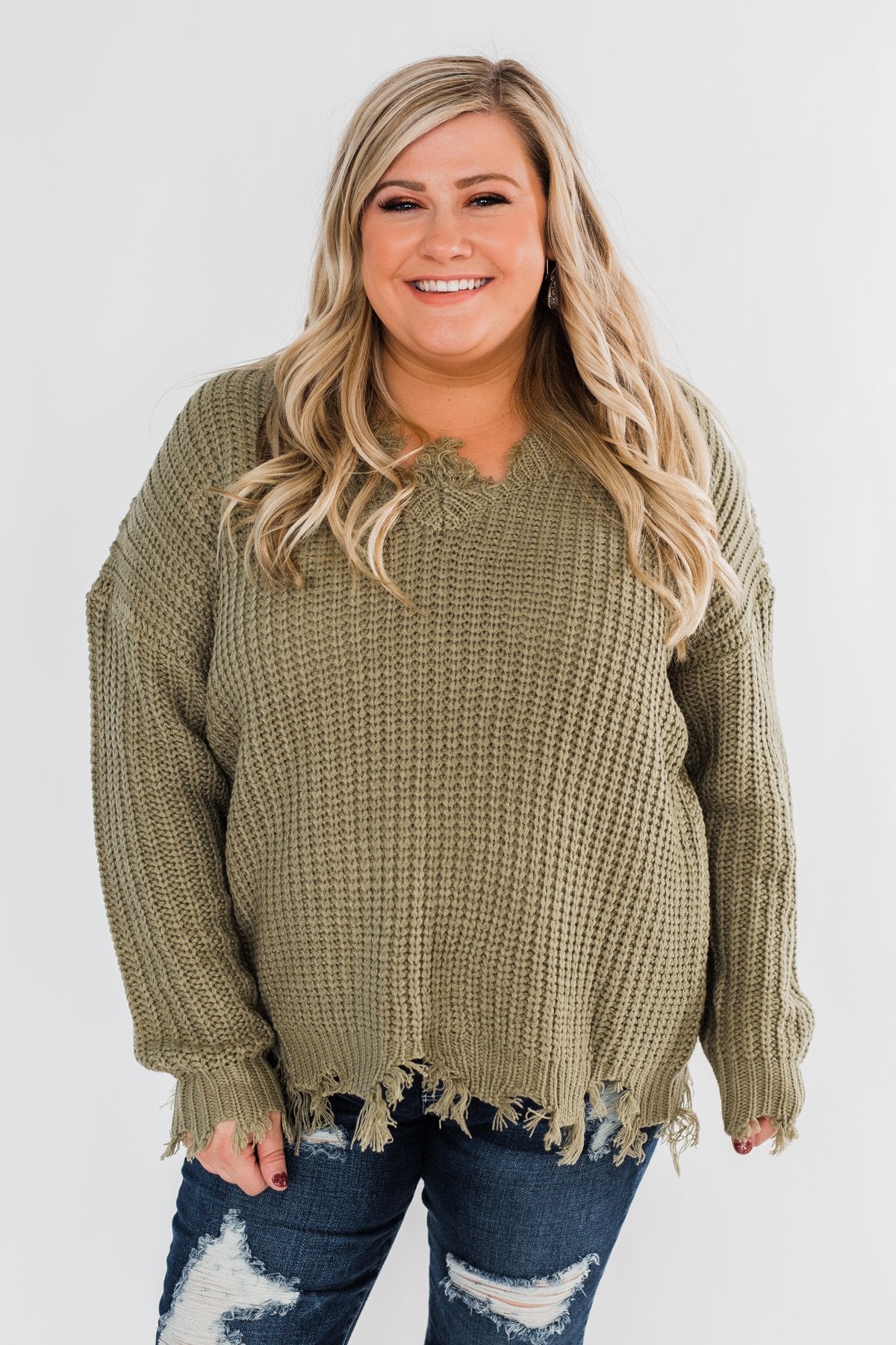 My Own Way Frayed V-Neck Sweater- Olive