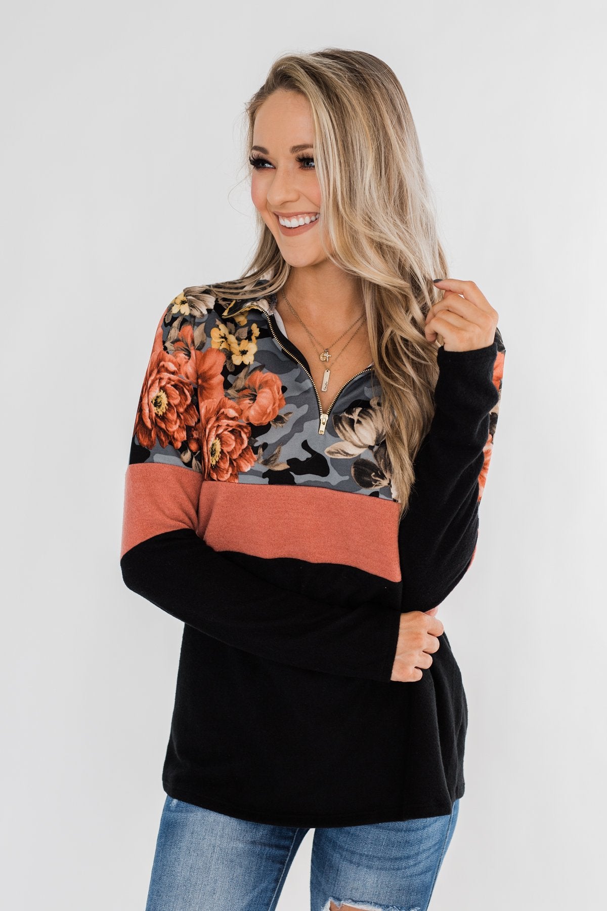 Never Ending Love Quarter Zip Pullover- Black, Camo, & Floral