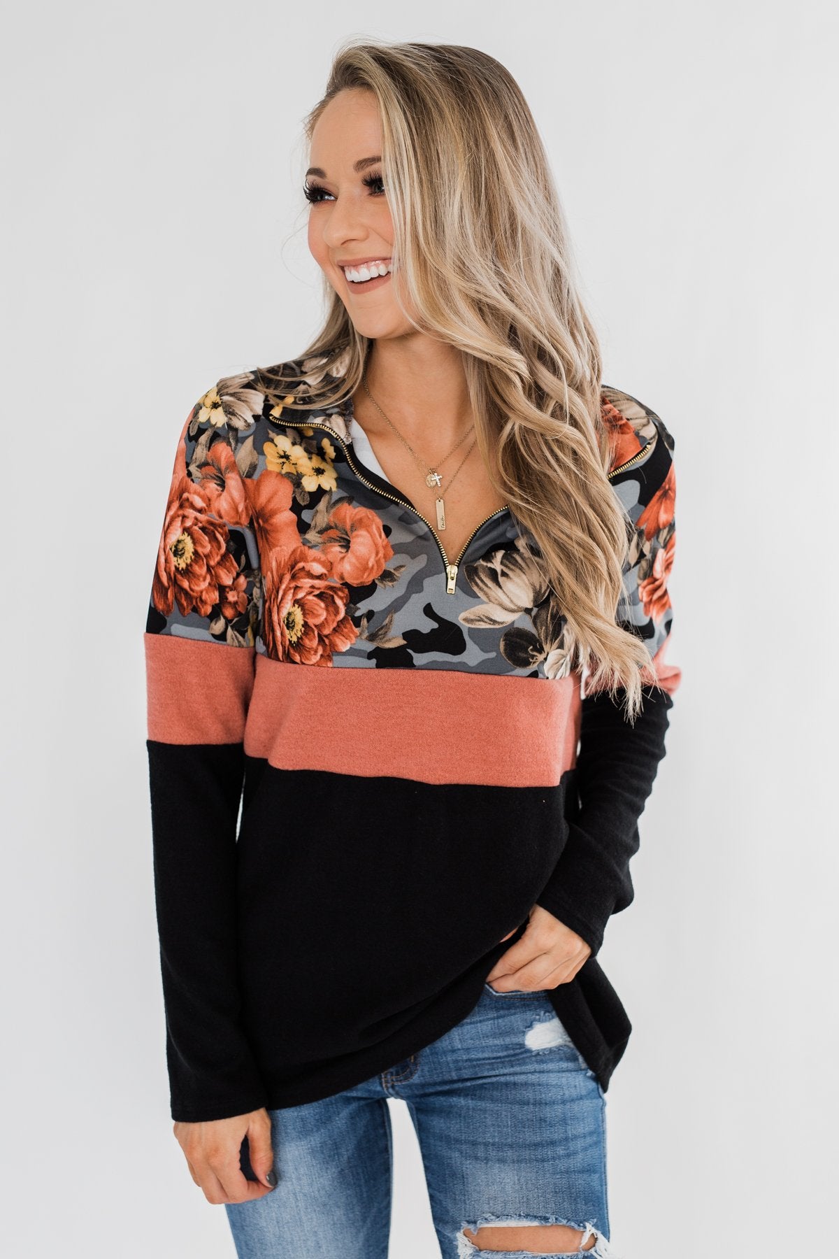 Never Ending Love Quarter Zip Pullover- Black, Camo, & Floral