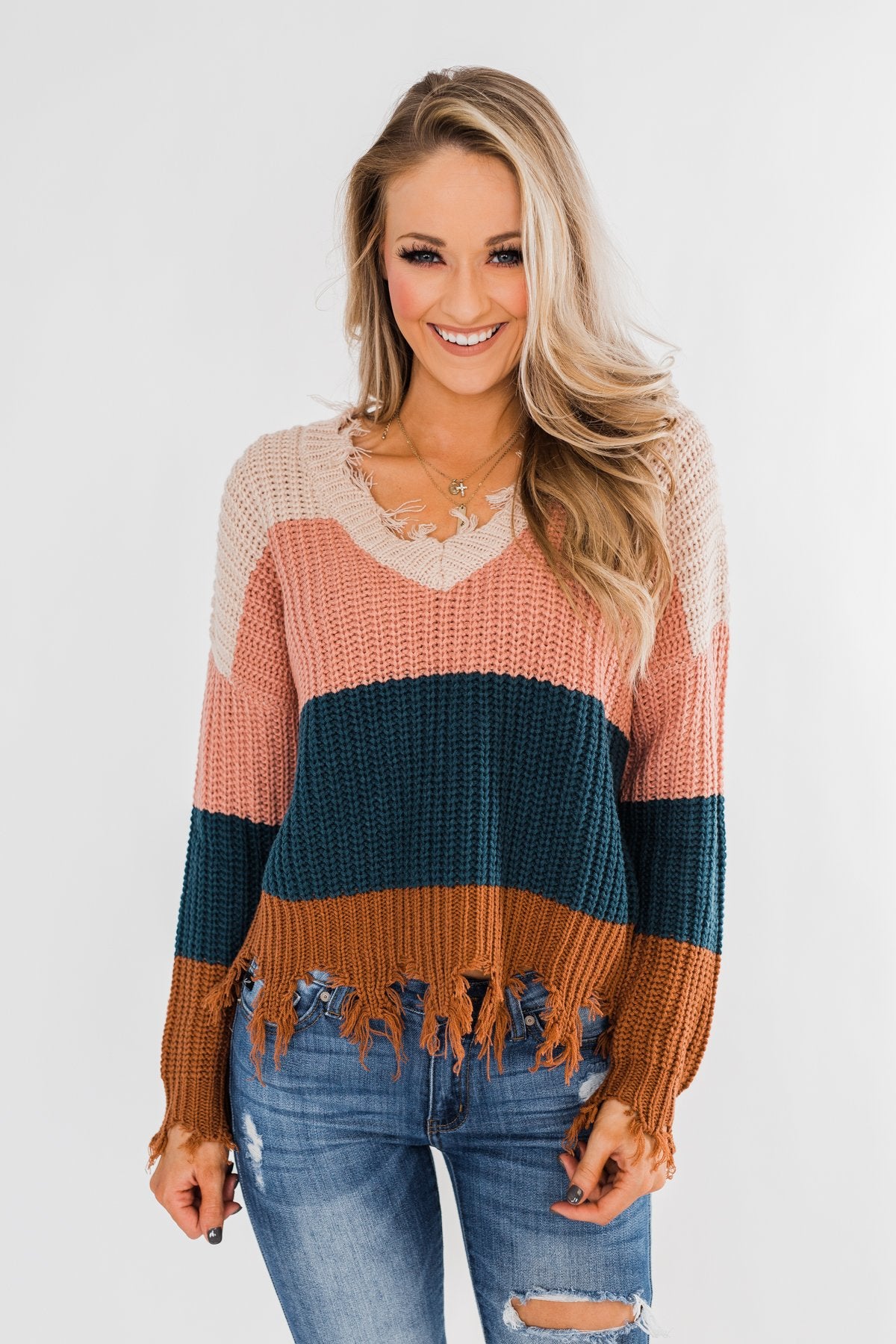 Warm & Cozy Distressed Color Block Sweater- Dark Teal Tones