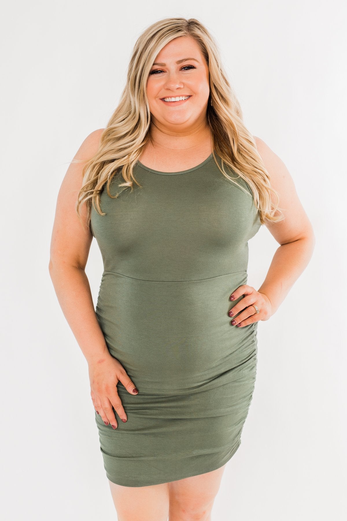 Simple & Chic Cinched Fitted Dress- Olive