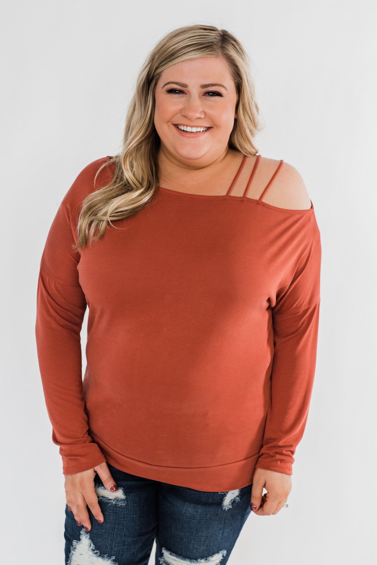 Something New Cold Shoulder Top- Soft Rust