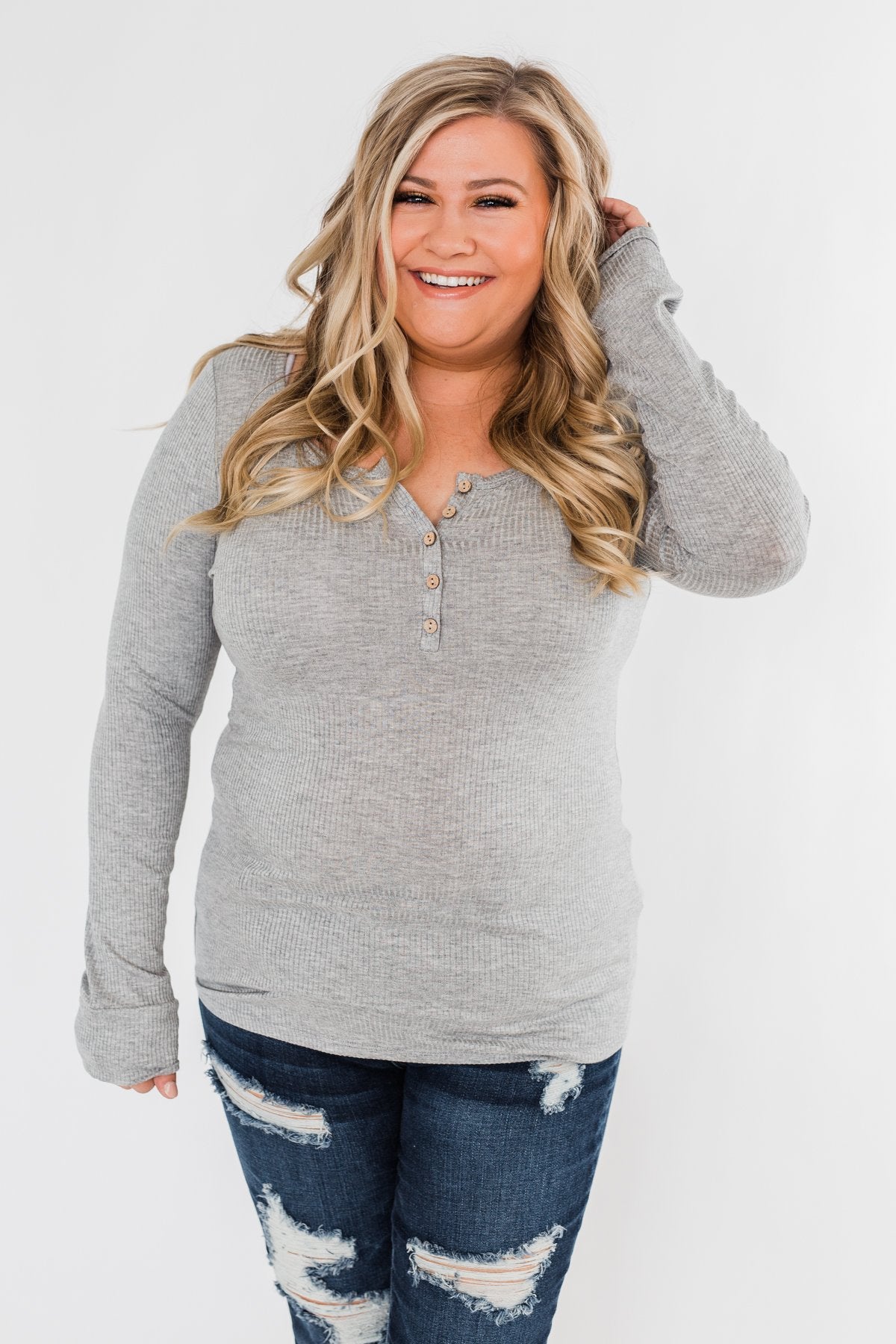 Essential 5-Button Henley Top- Heather Grey