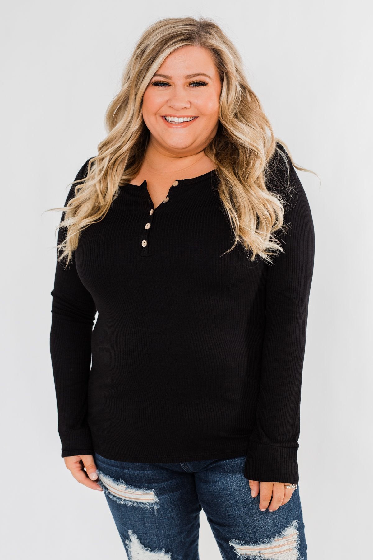 Essential 5-Button Henley Top- Black