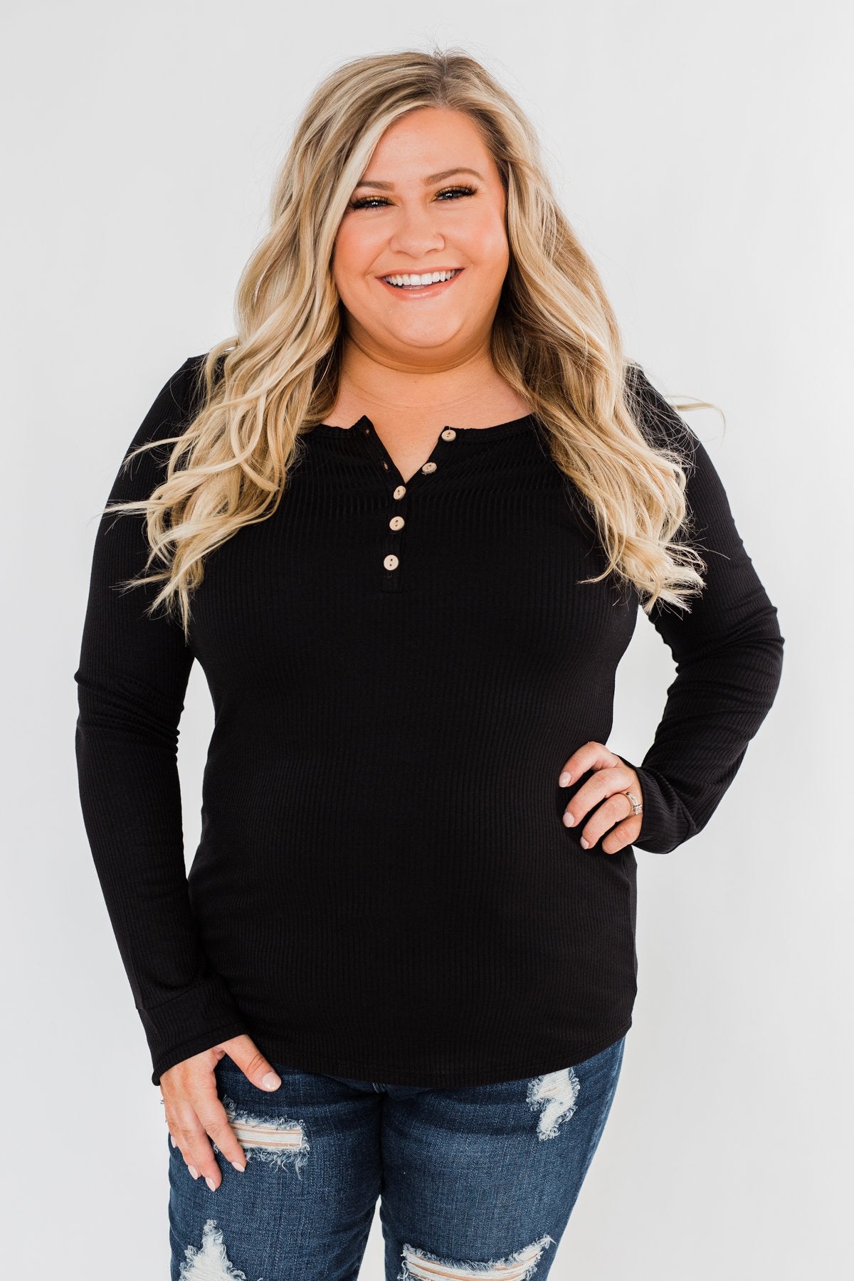 Essential 5-Button Henley Top- Black