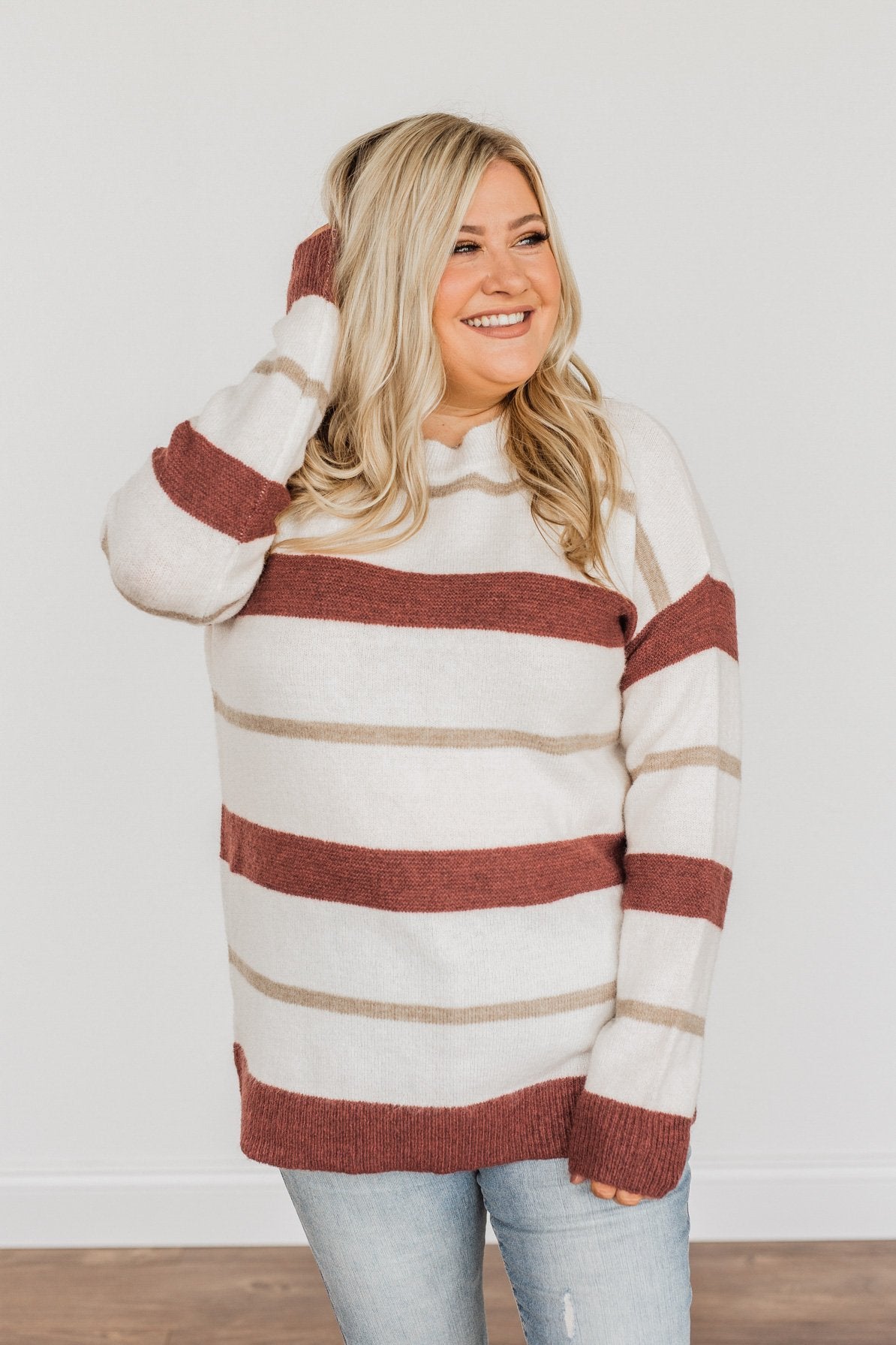 Fall Impressions Striped Sweater- Ivory, Brick & Taupe