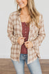 For A Rainy Day Button Down Plaid Top- Oatmeal, Taupe & Mocha