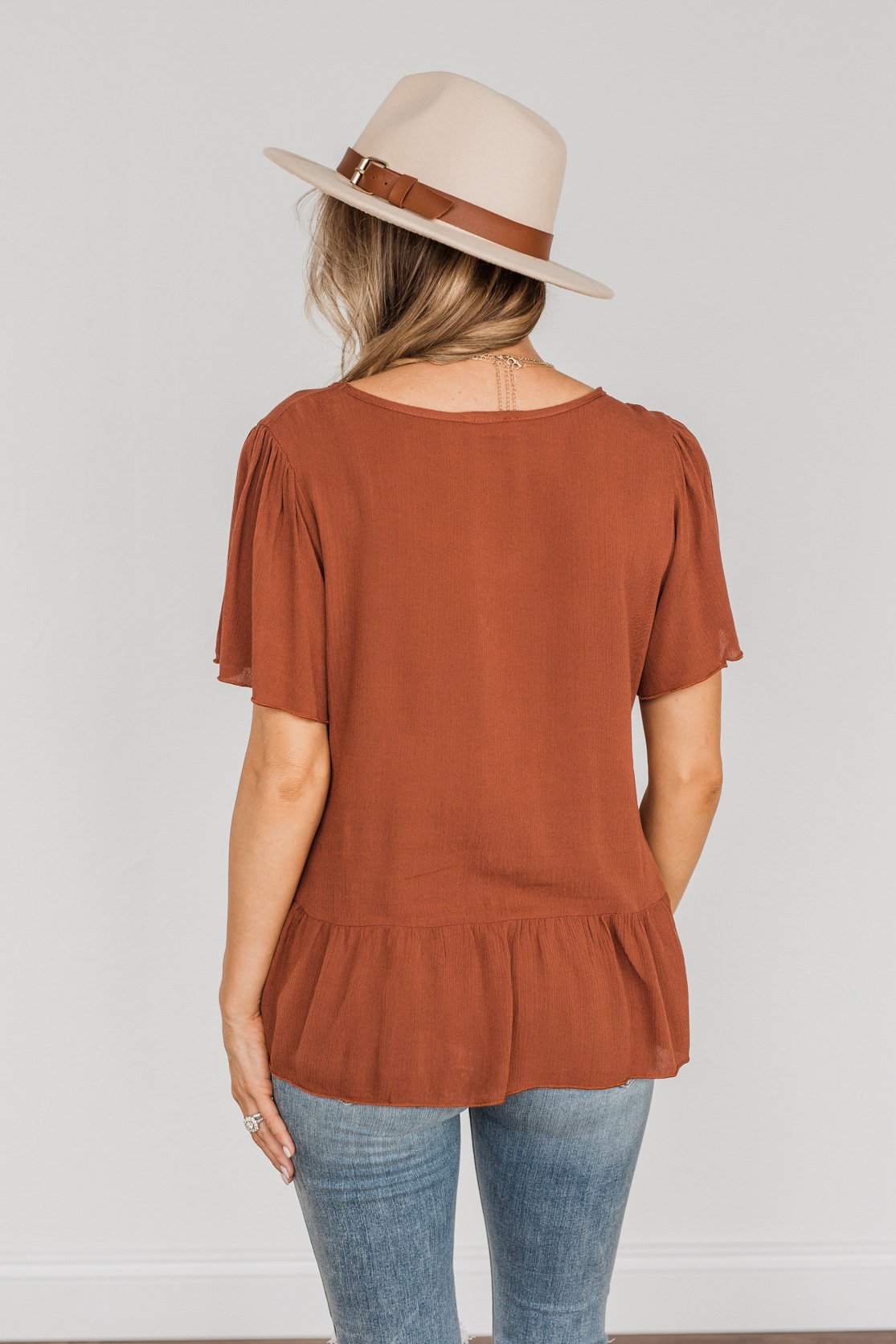Oakland High Neck Ruffle Detail Top Rust