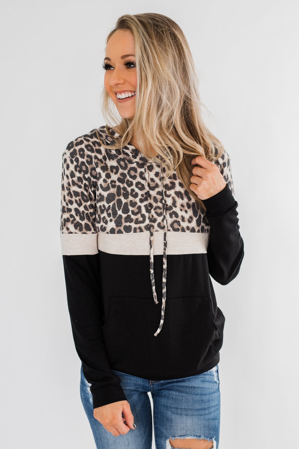 Into the Jungle Color Block Hoodie- Oatmeal & Black