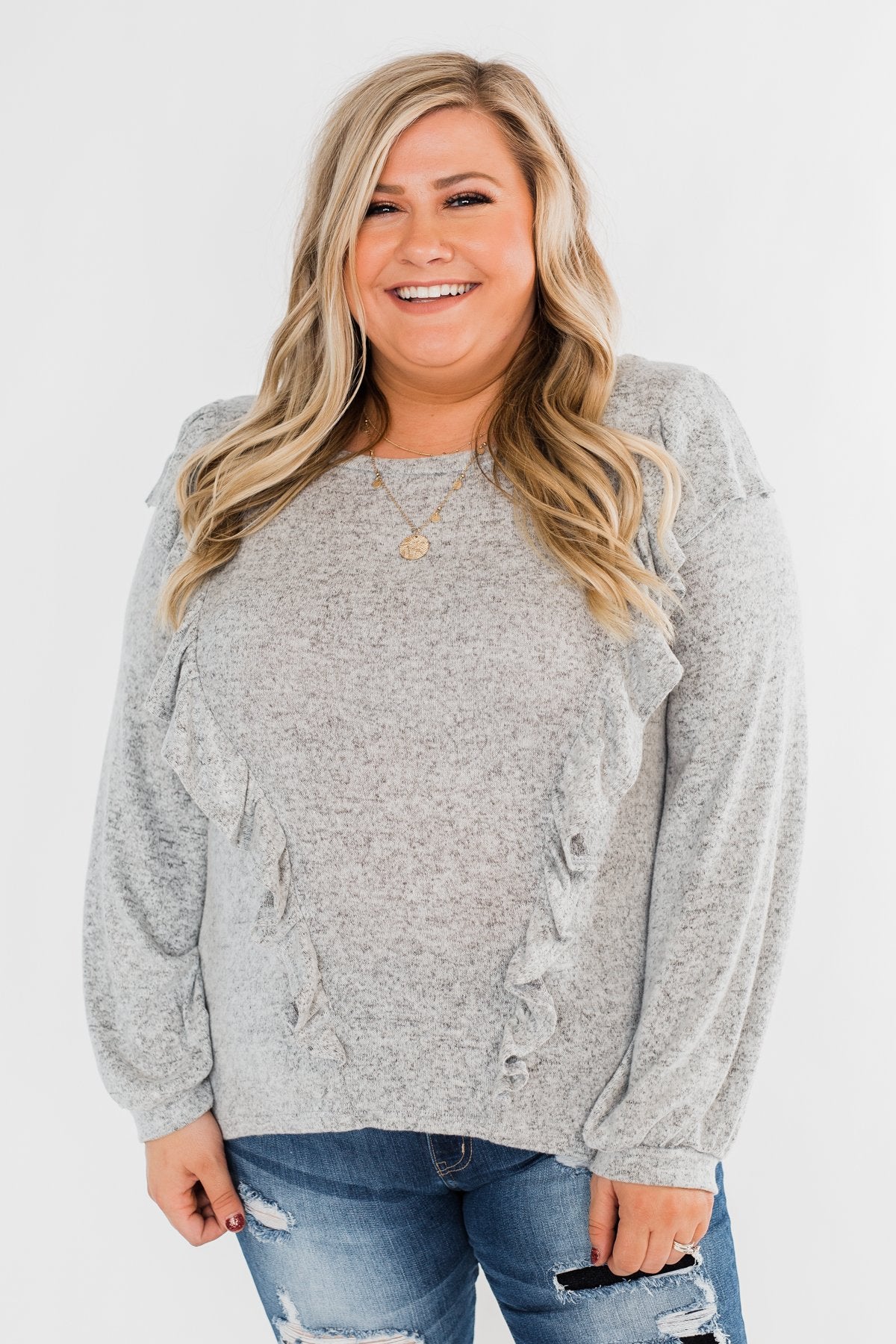 Feeling Brand New Ruffle Top- Heather Grey