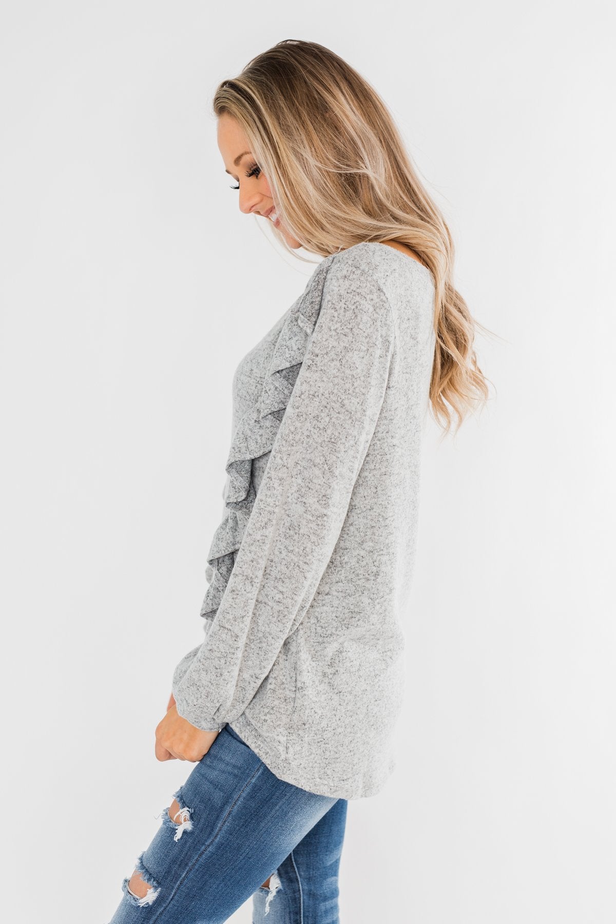 Feeling Brand New Ruffle Top- Heather Grey
