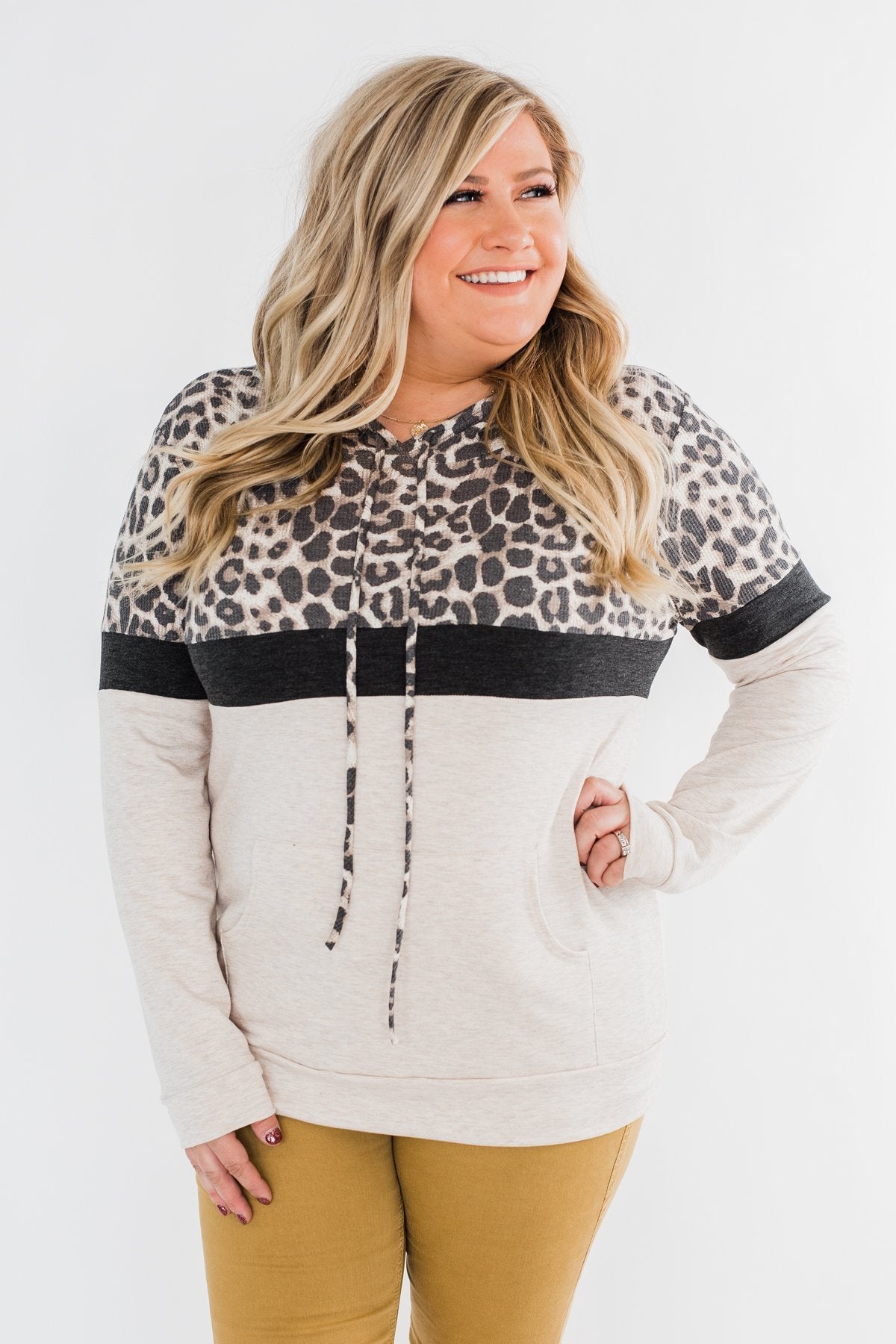 Into the Jungle Color Block Hoodie- Dark Charcoal & Oatmeal