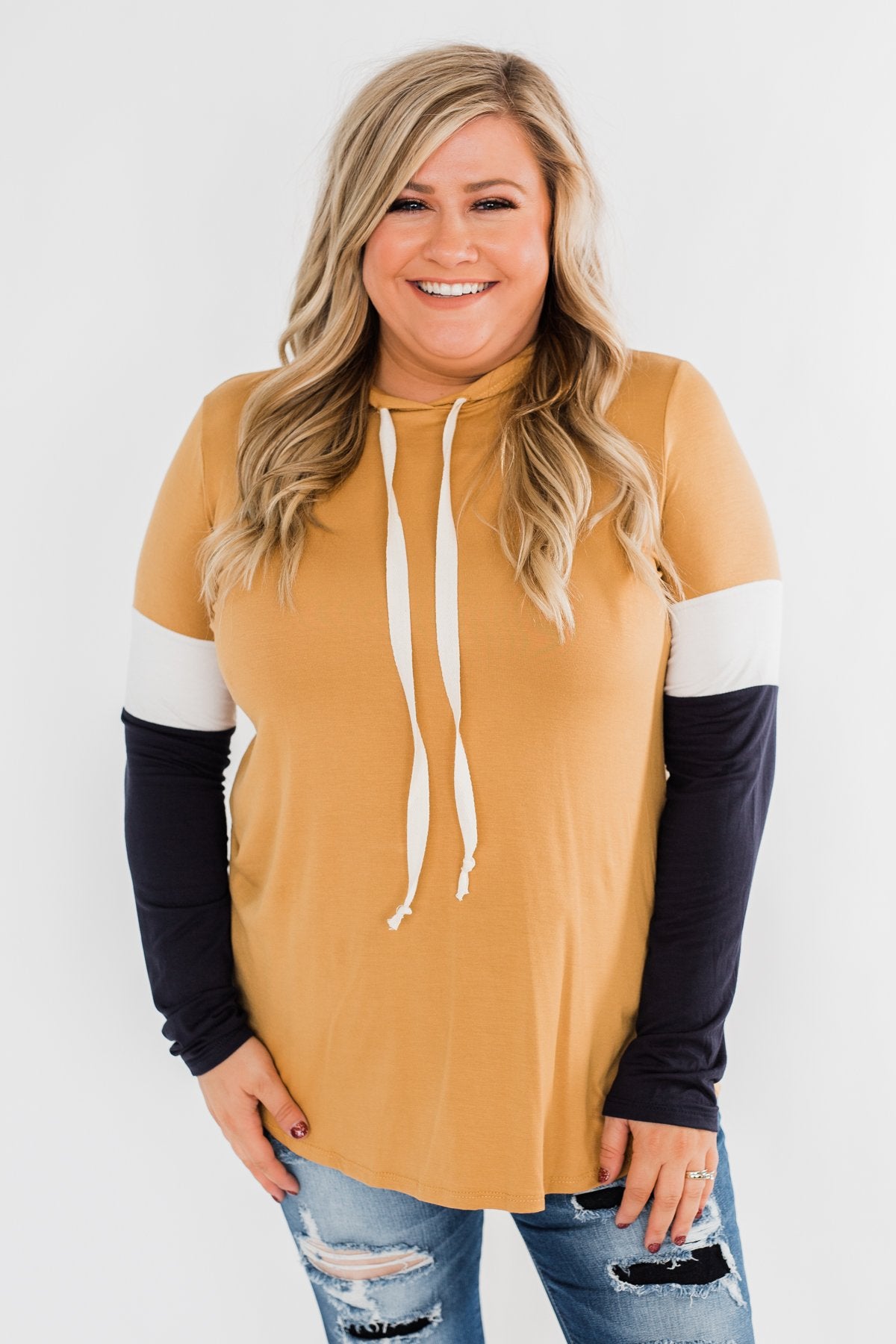 You And I Long Sleeve Hoodie- Mustard & Navy