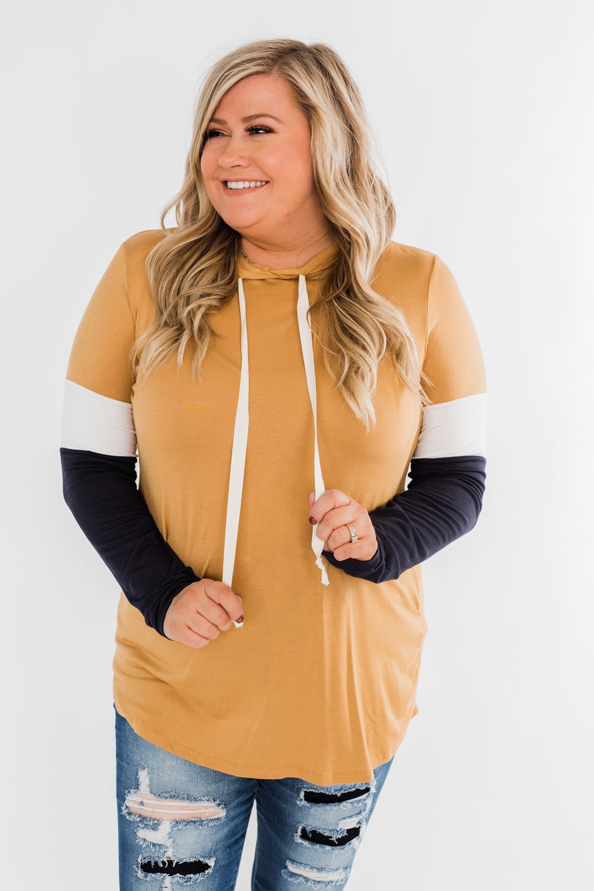 You And I Long Sleeve Hoodie- Mustard & Navy