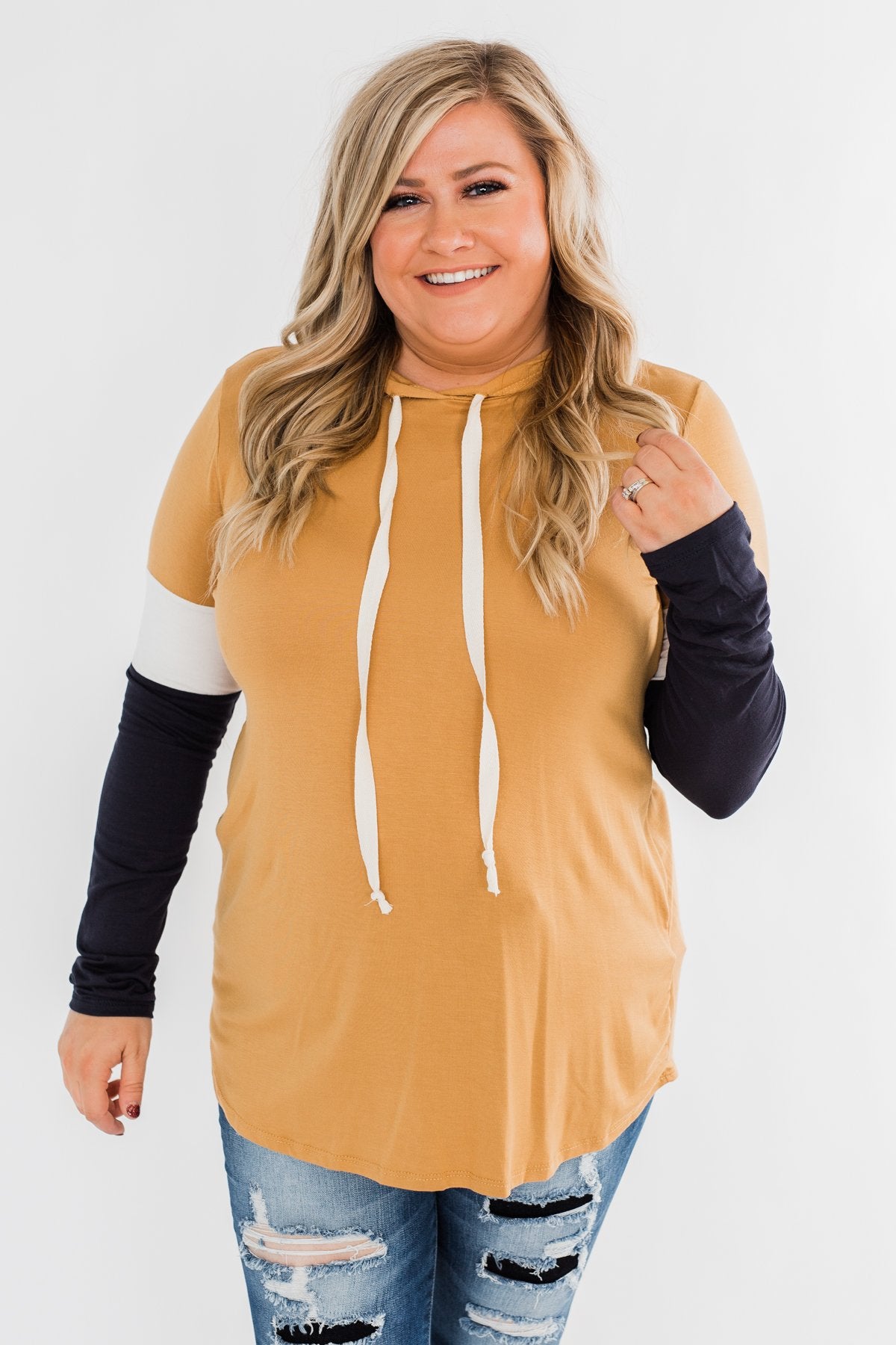 You And I Long Sleeve Hoodie- Mustard & Navy