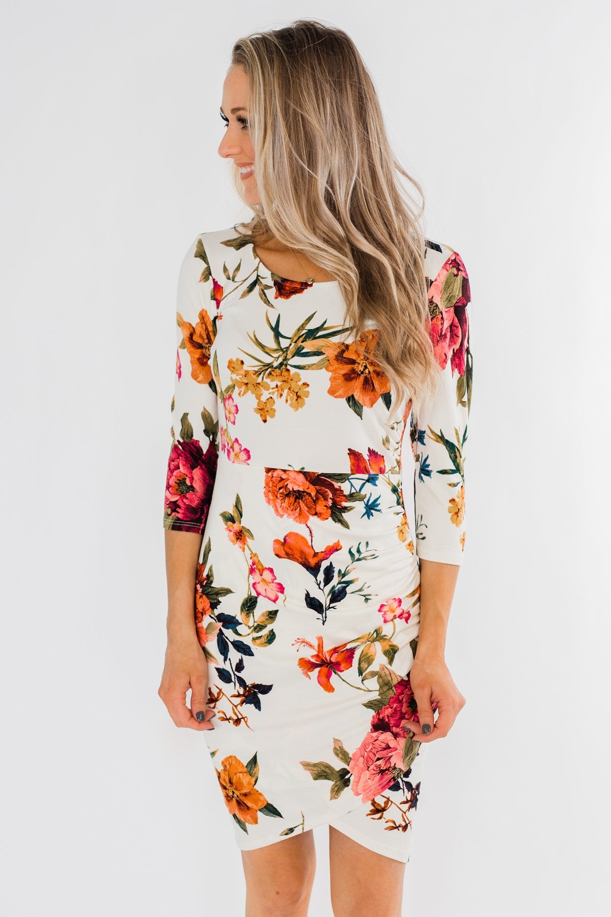 Captivating In Floral Dress- Cream
