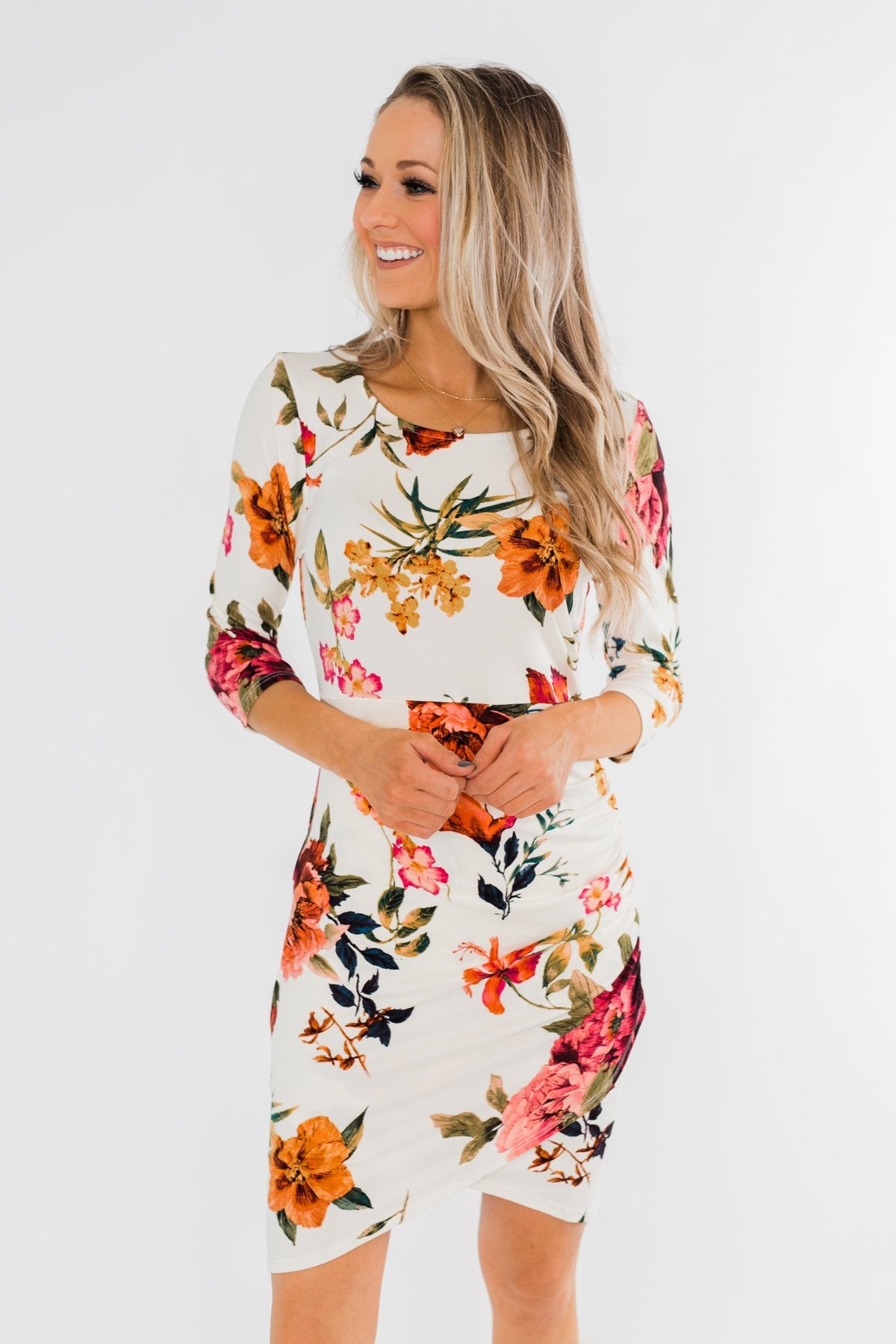 Captivating In Floral Dress- Cream