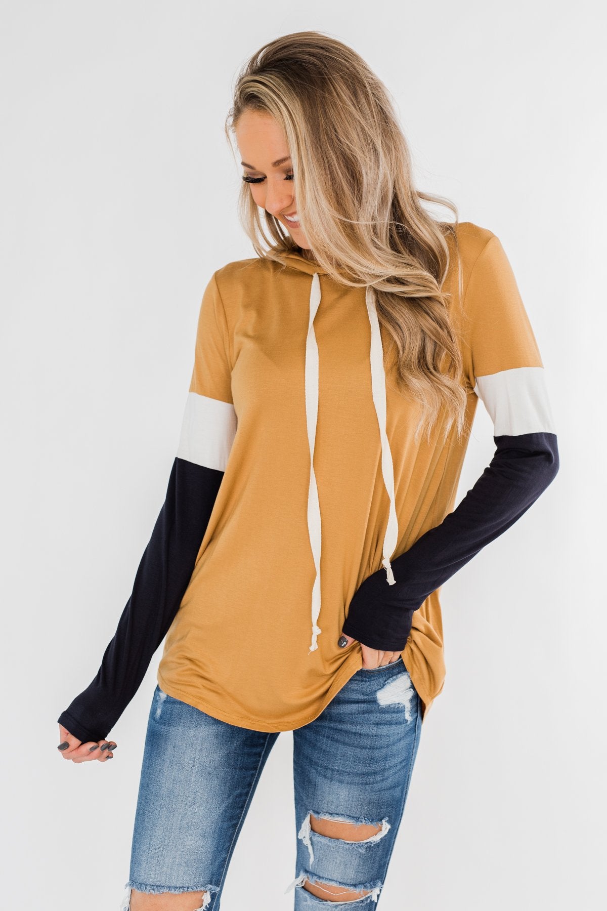 You And I Long Sleeve Hoodie- Mustard & Navy