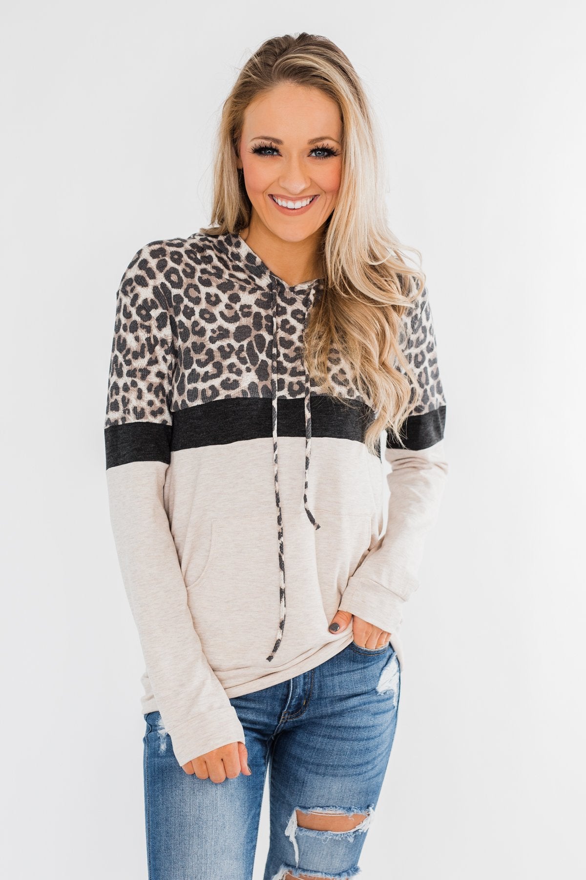 Into the Jungle Color Block Hoodie- Dark Charcoal & Oatmeal