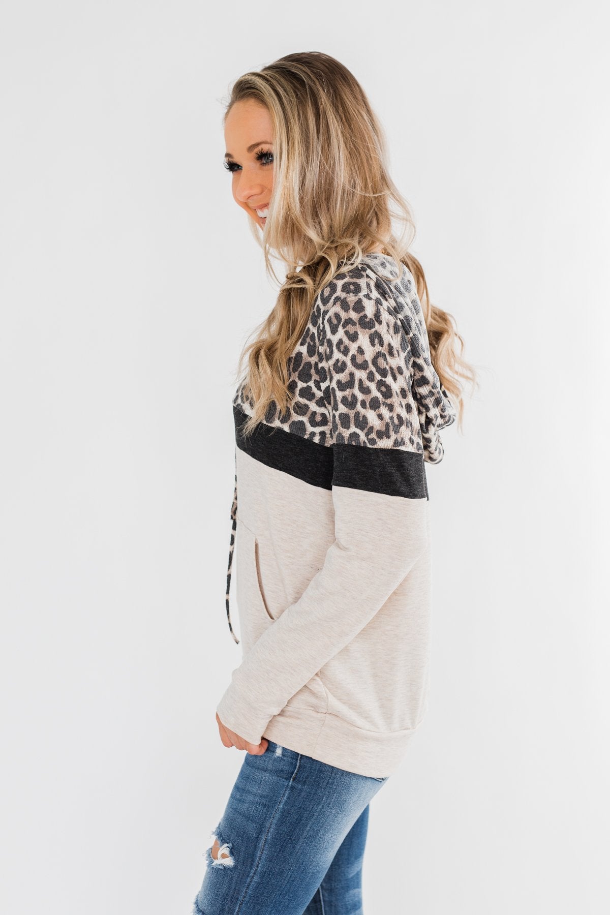 Into the Jungle Color Block Hoodie- Dark Charcoal & Oatmeal