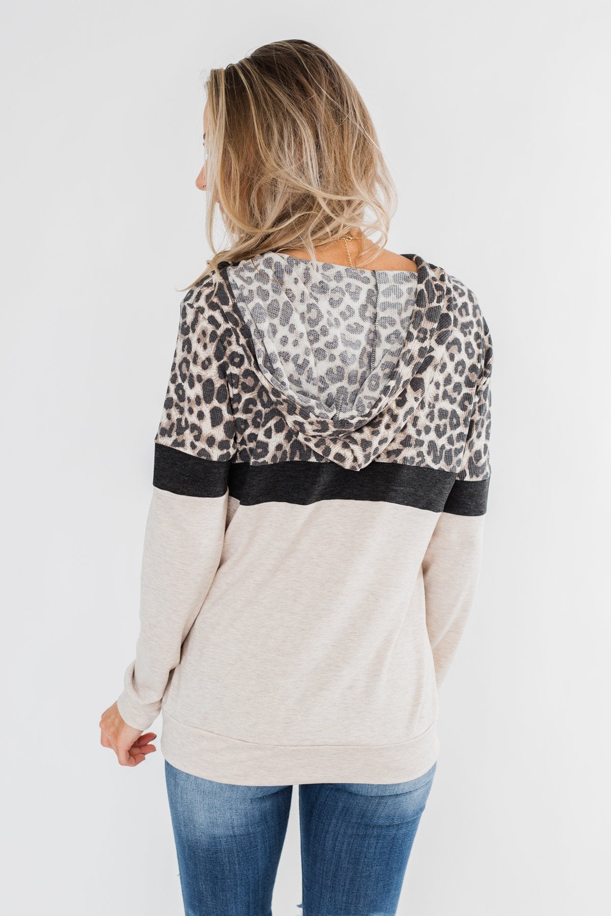 Into the Jungle Color Block Hoodie- Dark Charcoal & Oatmeal