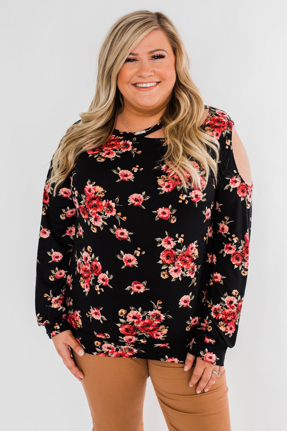 Never Alone Long Sleeve Floral Top- Black