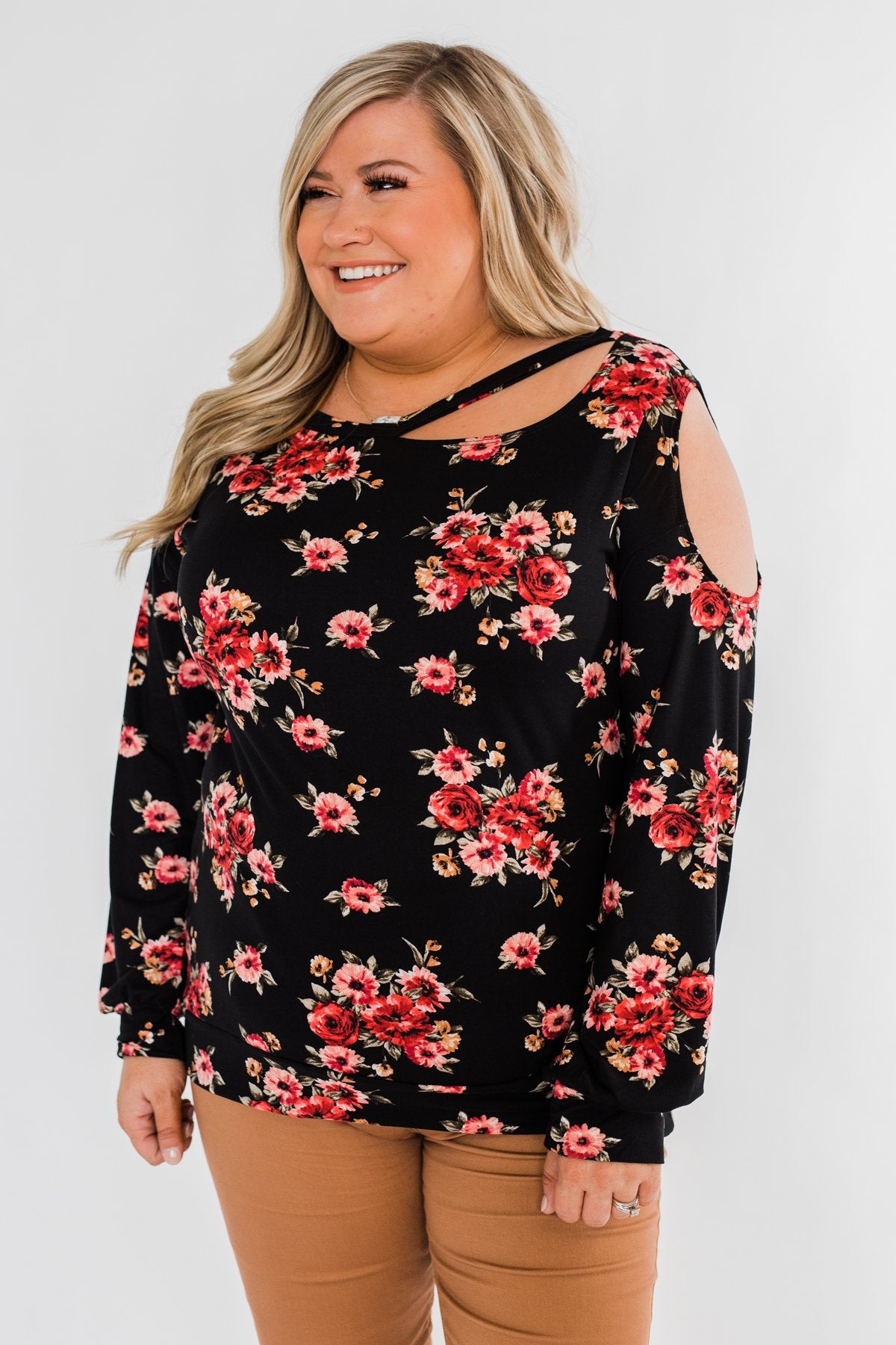 Never Alone Long Sleeve Floral Top- Black