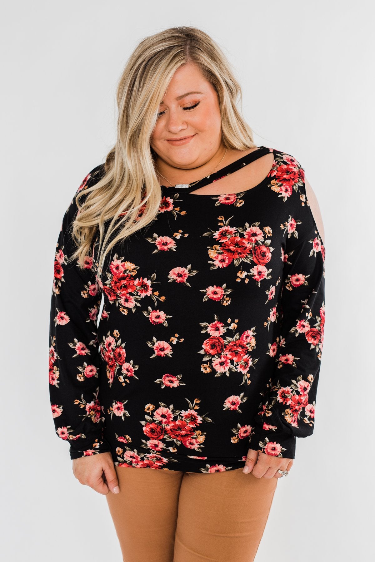 Never Alone Long Sleeve Floral Top- Black