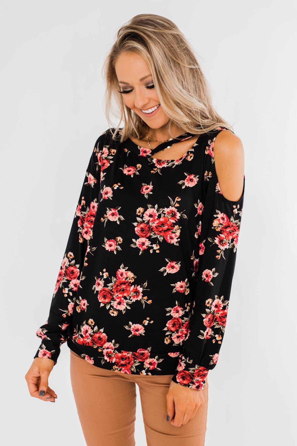Never Alone Long Sleeve Floral Top- Black