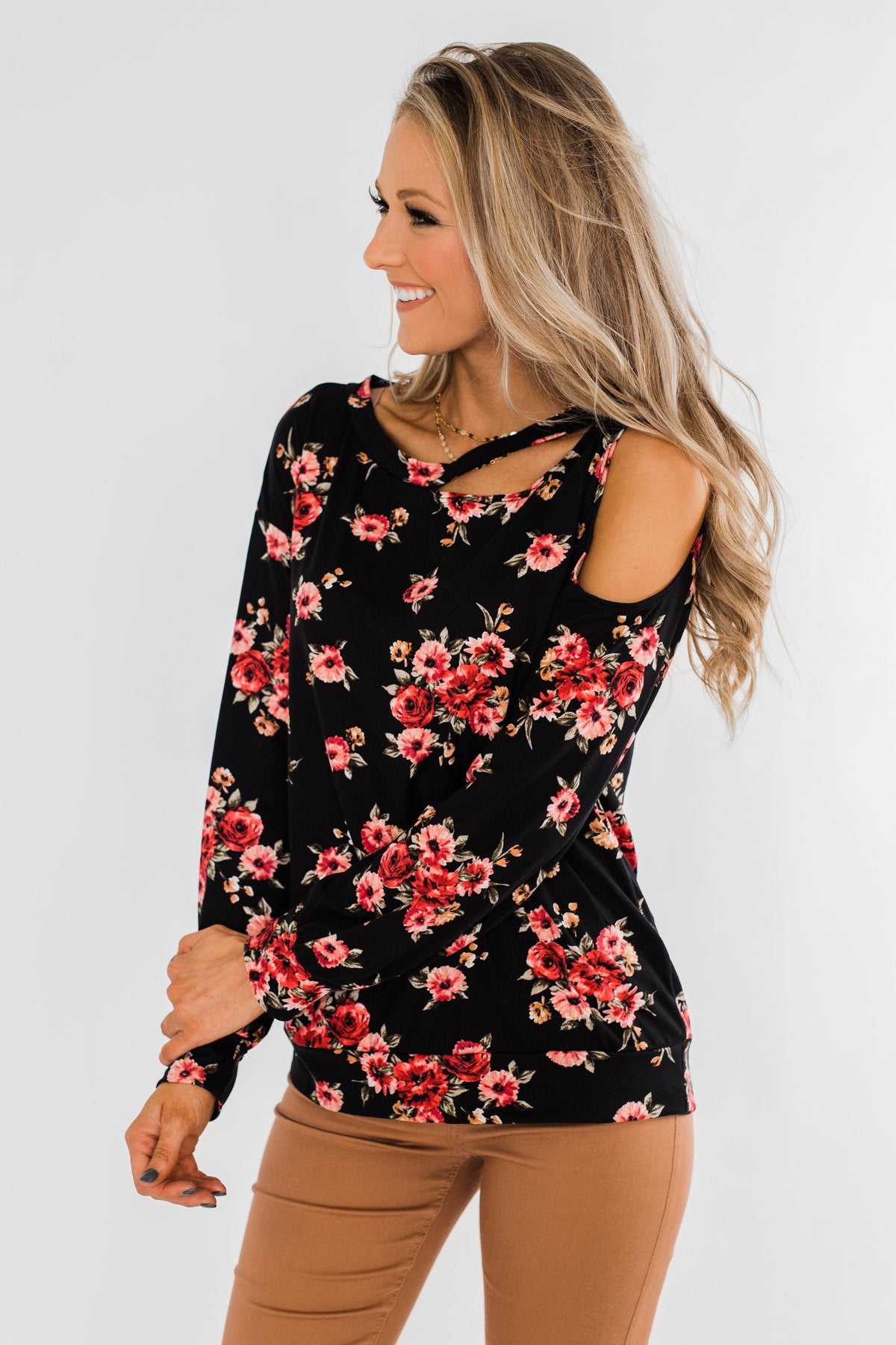 Never Alone Long Sleeve Floral Top- Black