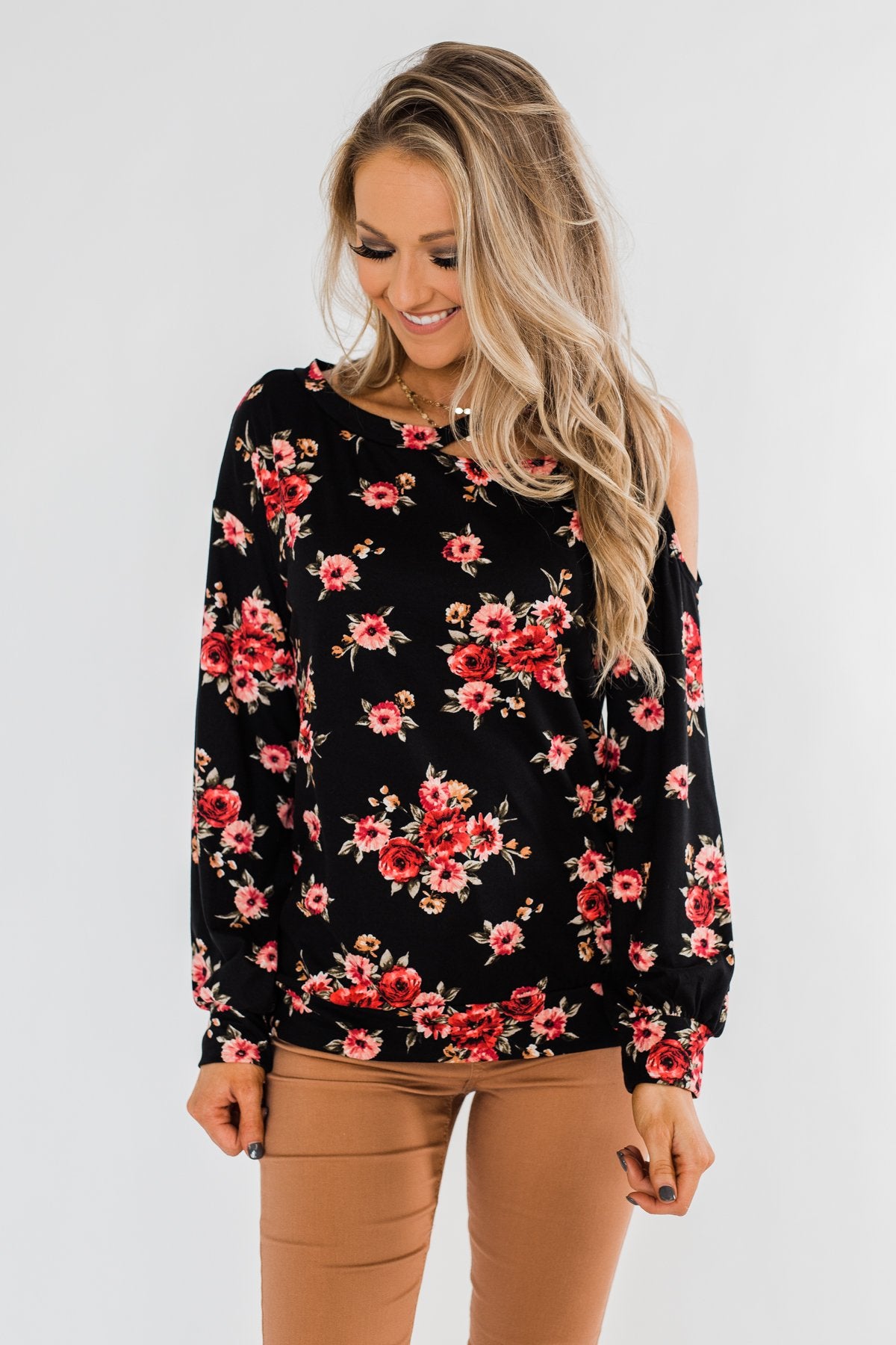 Never Alone Long Sleeve Floral Top- Black