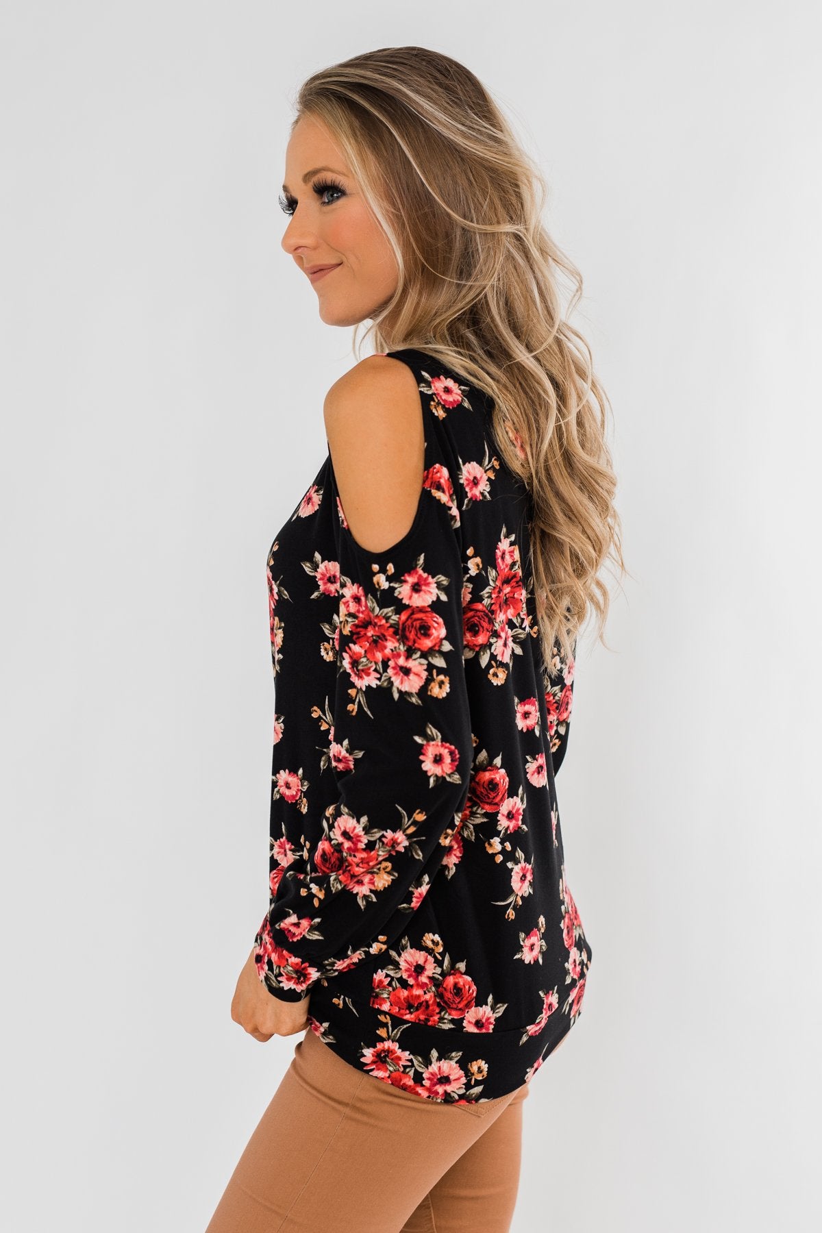 Never Alone Long Sleeve Floral Top- Black