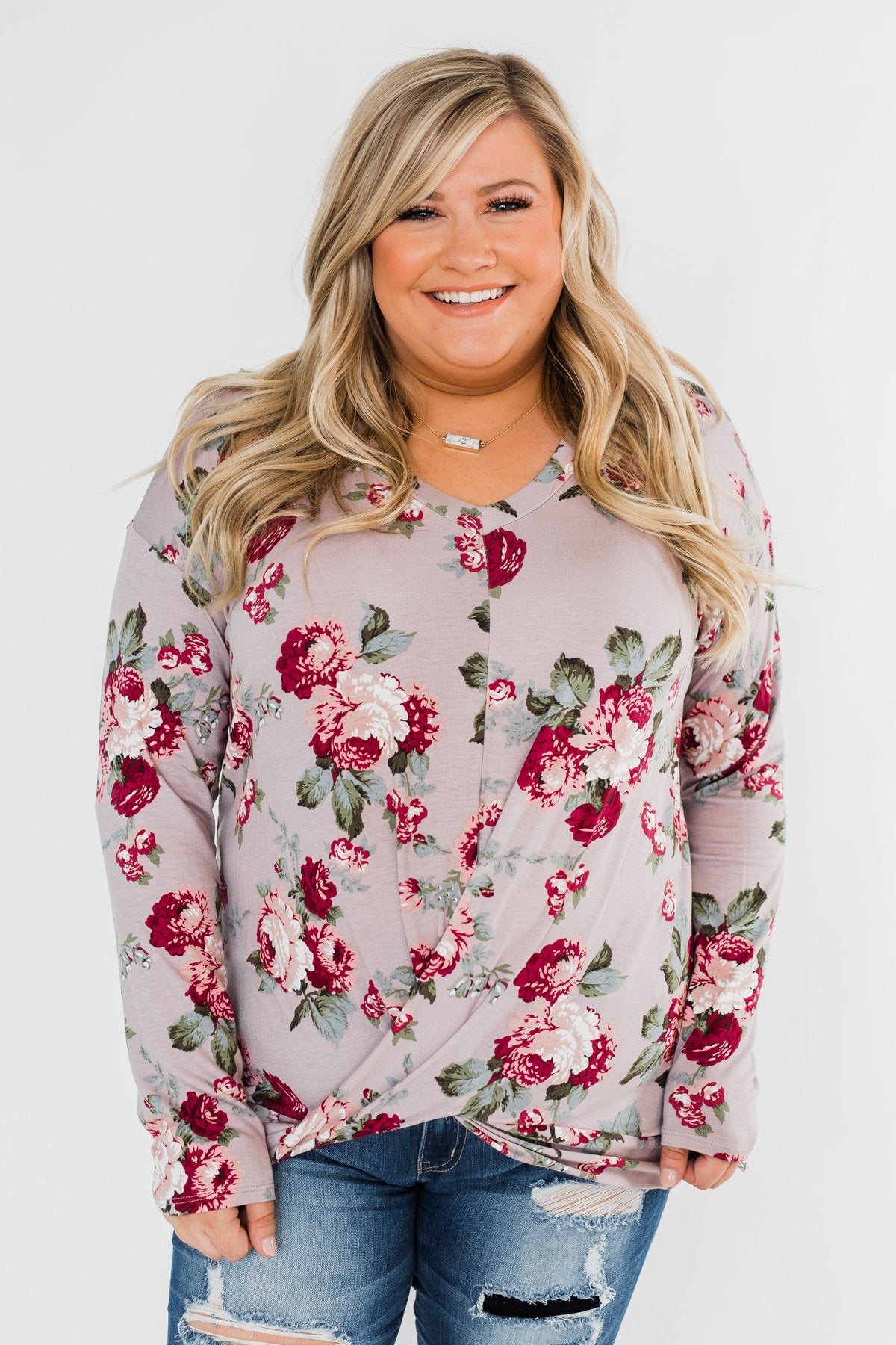 Long Sleeve Floral Wrap Top- Mauve