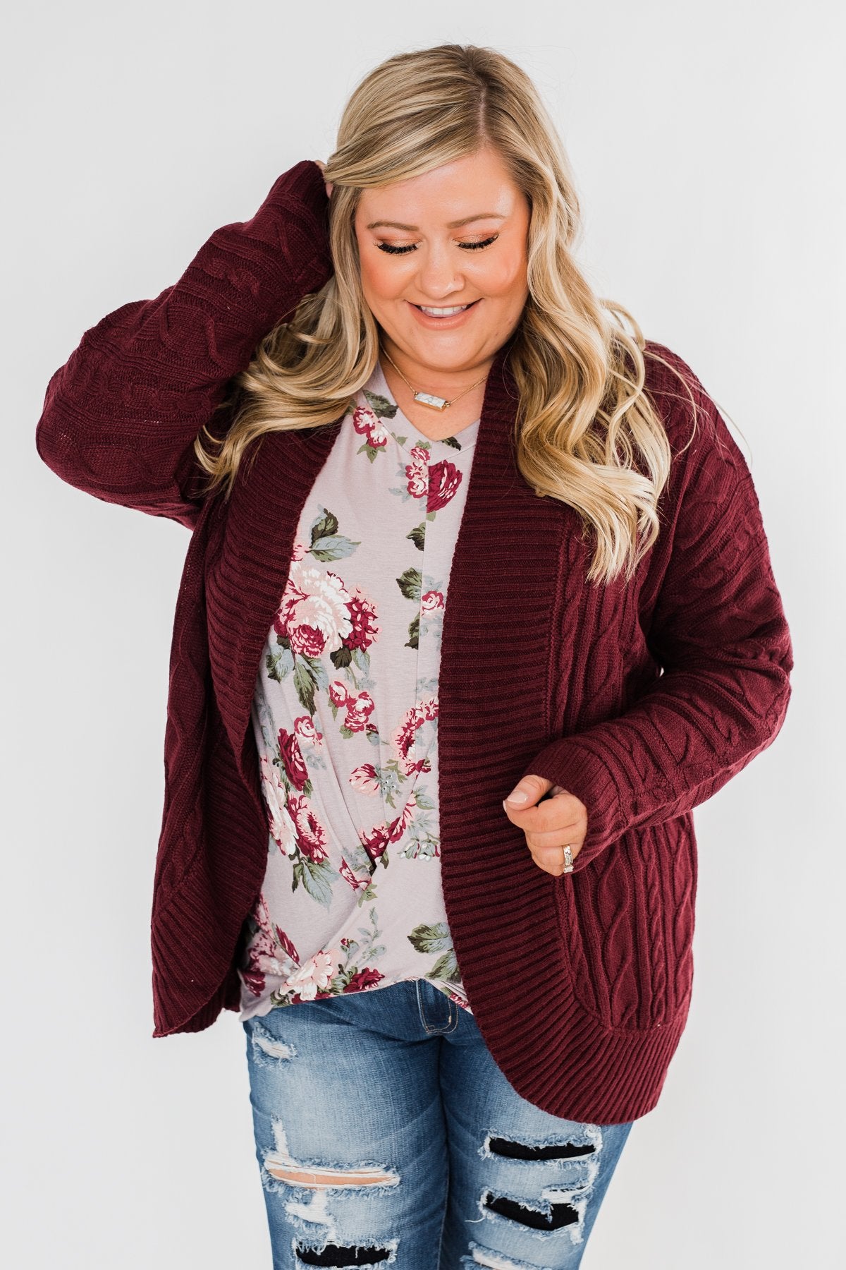 Noticing You Cable Knit Cardigan- Burgundy