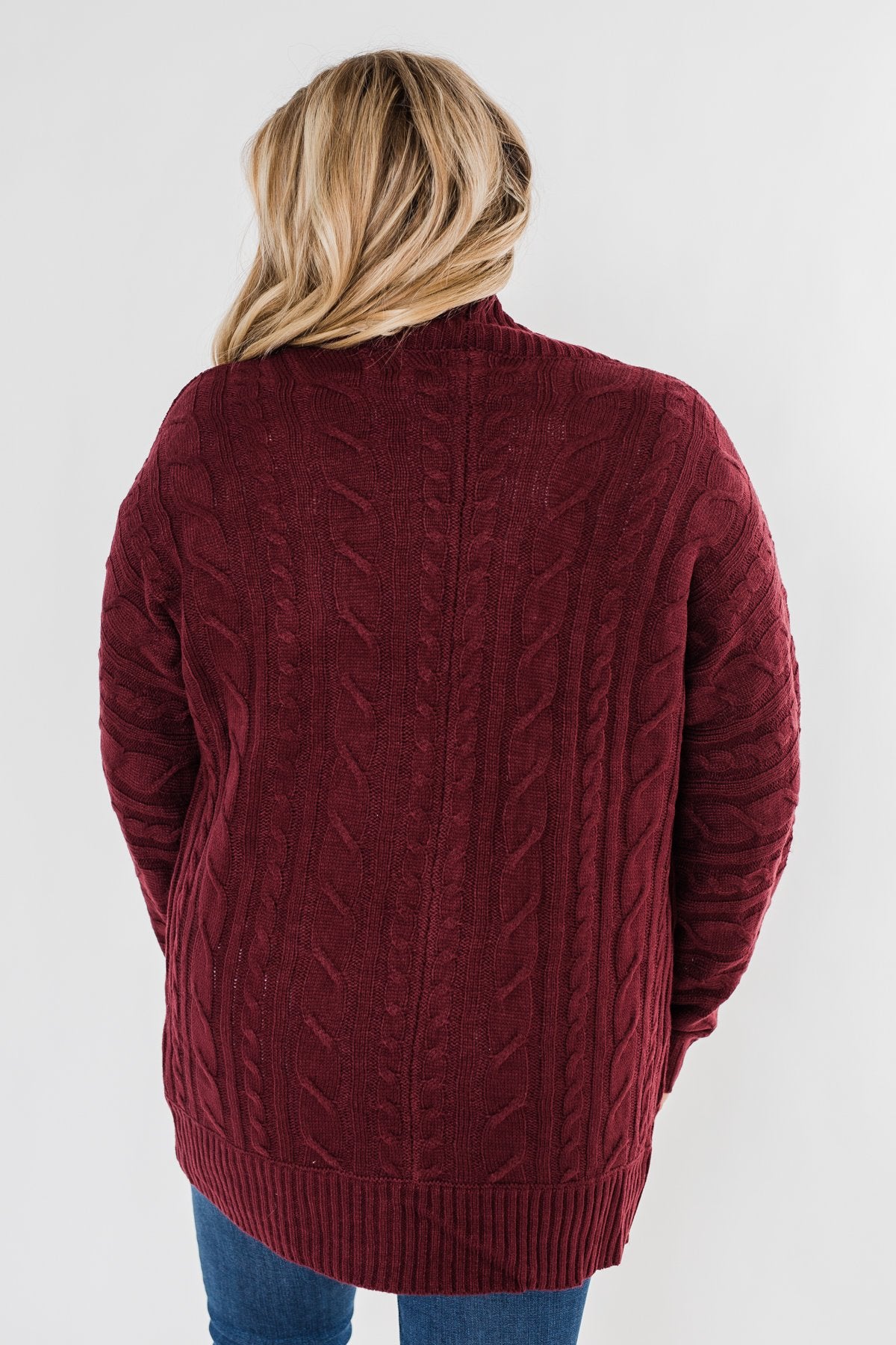 Noticing You Cable Knit Cardigan- Burgundy