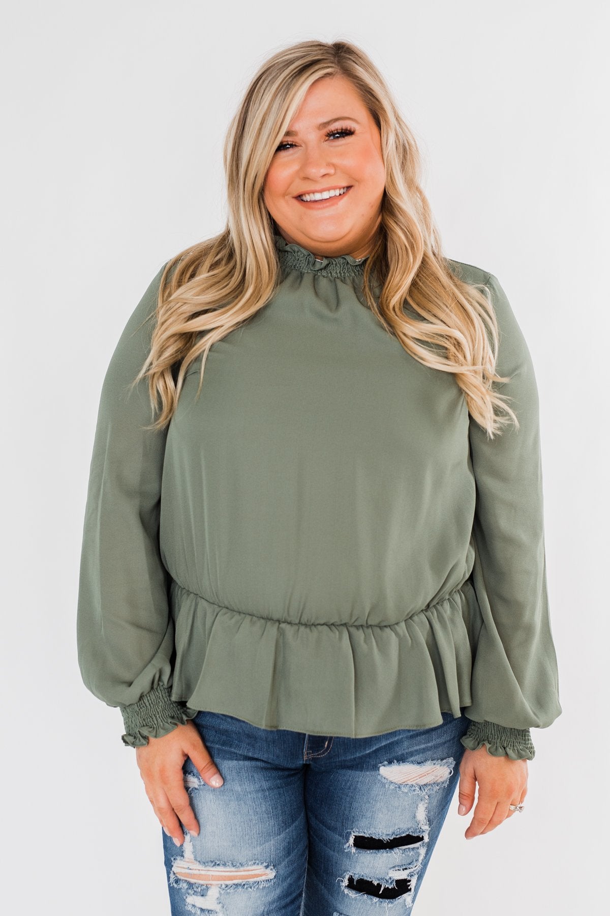 Say You Won't Let Go Cinched Blouse- Olive
