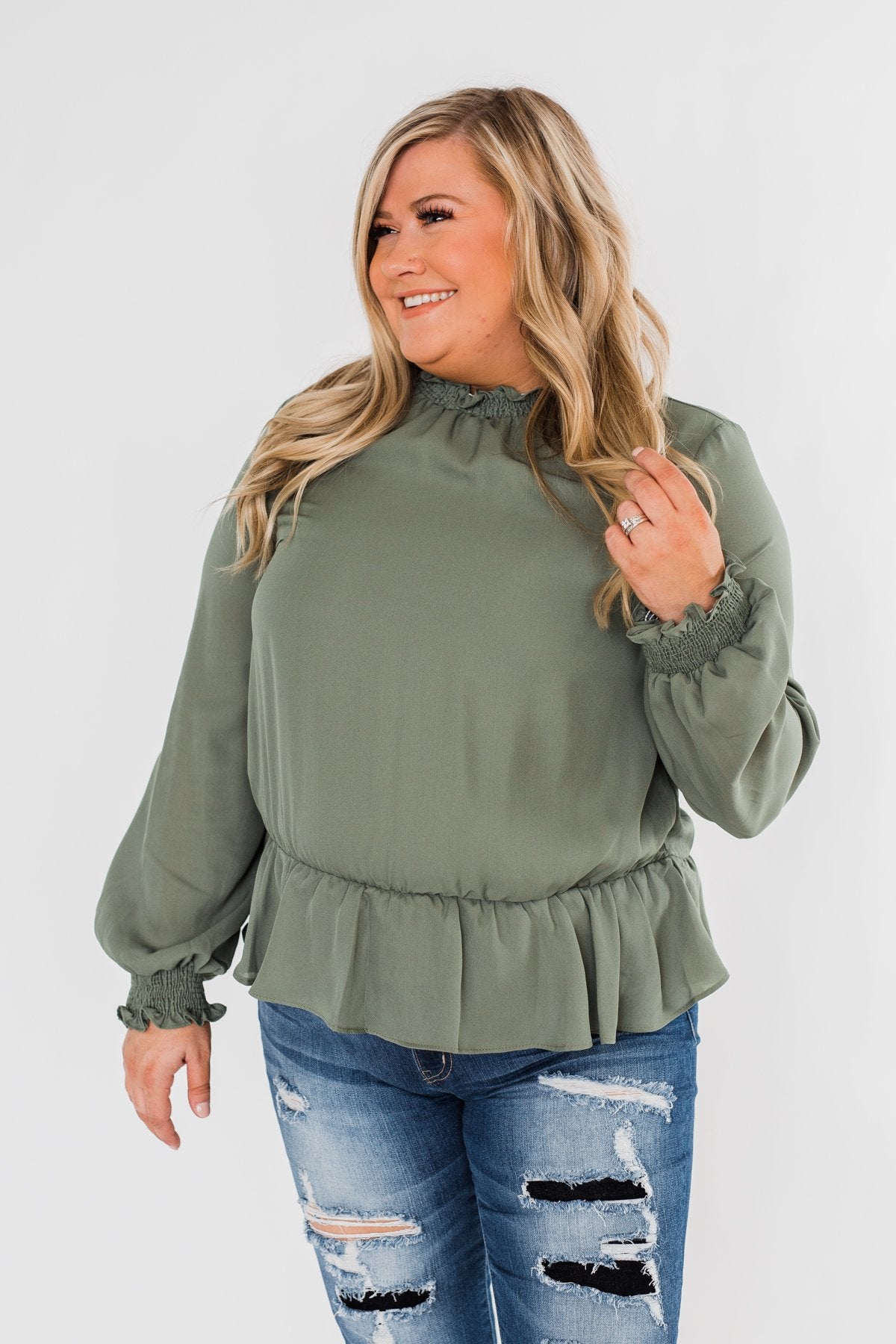 Say You Won't Let Go Cinched Blouse- Olive