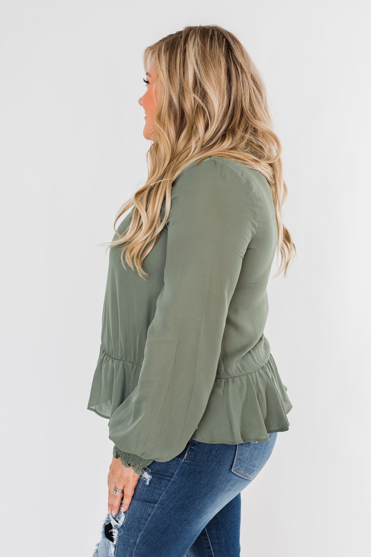Say You Won't Let Go Cinched Blouse- Olive