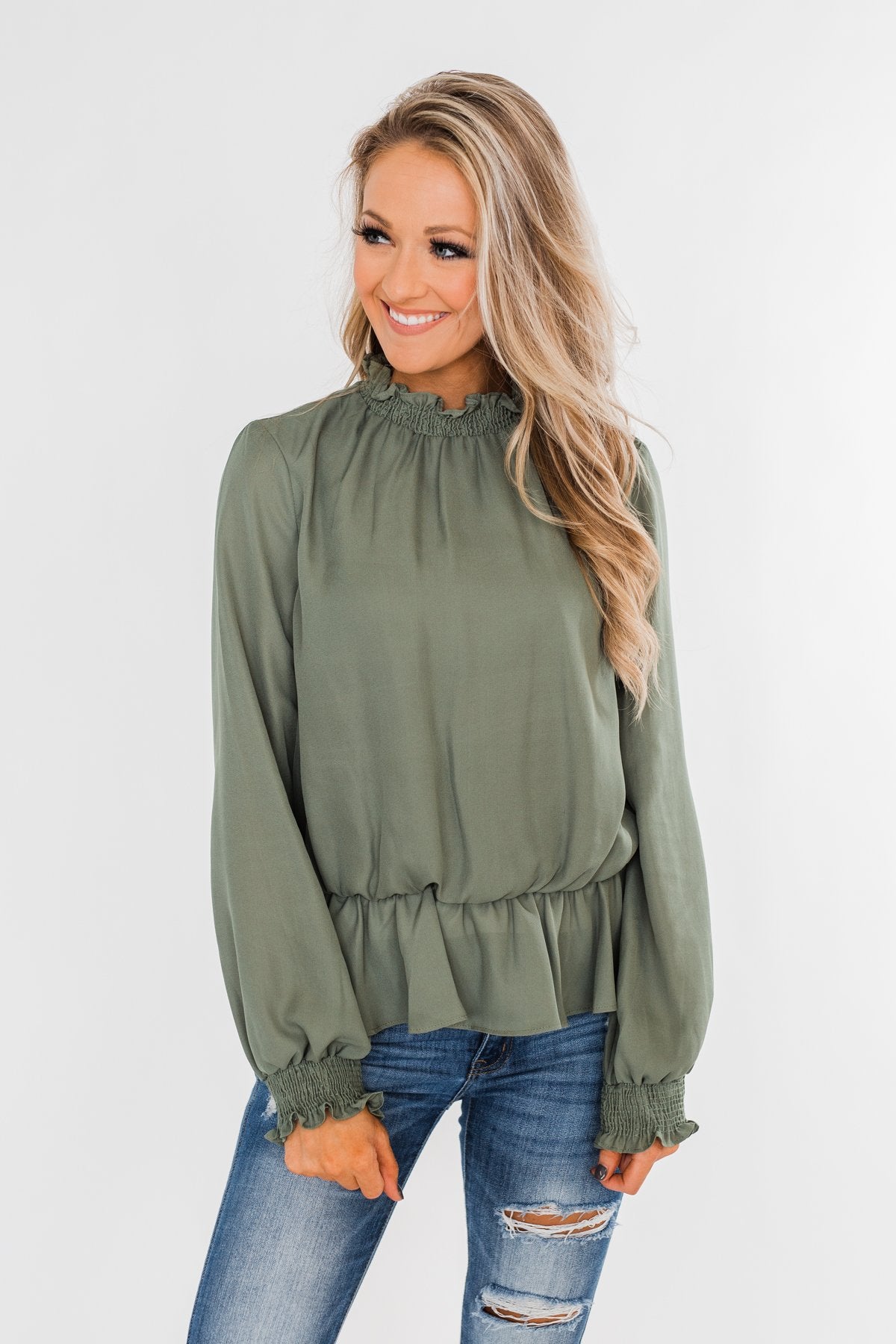 Say You Won't Let Go Cinched Blouse- Olive