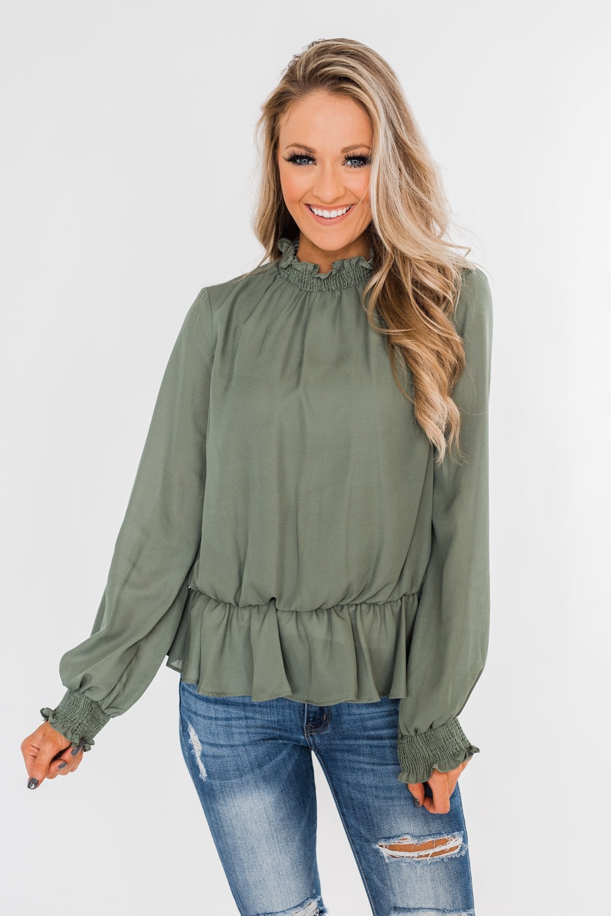 Say You Won't Let Go Cinched Blouse- Olive